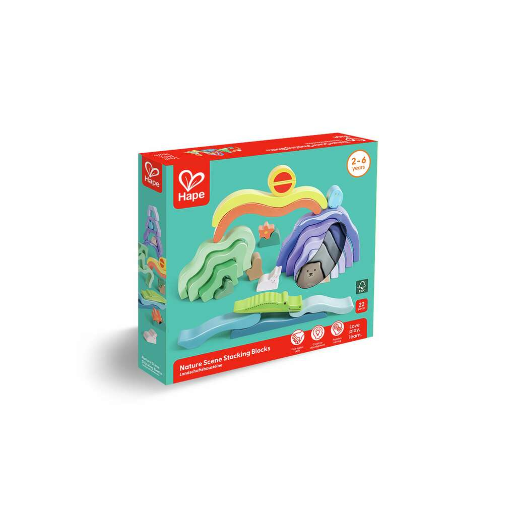 Pudełko z zabawkami Hape Nature Scene Stacking Blocks z kolorowymi klockami.