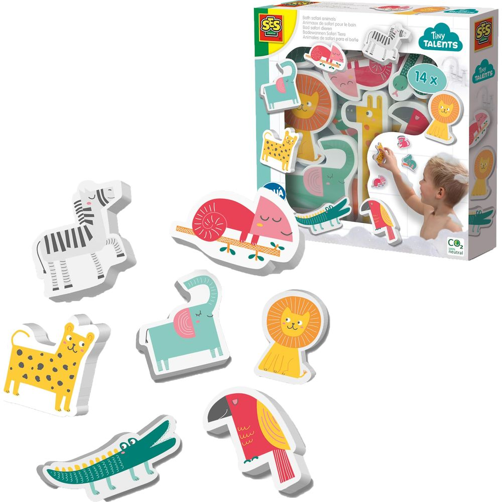 Animales de safari para el baño: cebra, leopardo, elefante, león, camaleón.