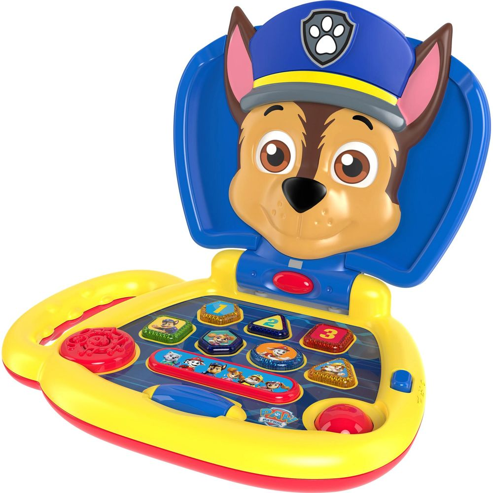 Un computer portatile giocattolo Paw Patrol Chase con pulsanti colorati e immagini di personaggi.