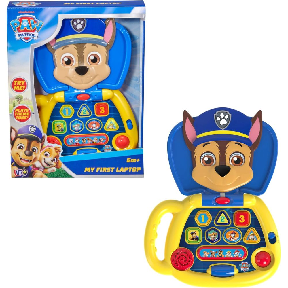 Giocattolo laptop Paw Patrol giallo con volto di Chase, numeri e immagini.