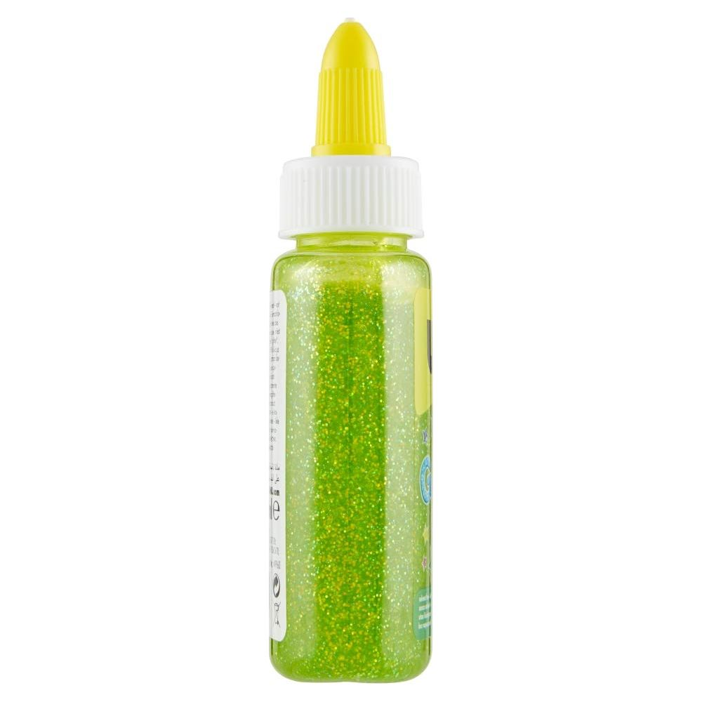 Grüner Glitzerkleber in durchsichtiger Flasche mit gelber Kappe.