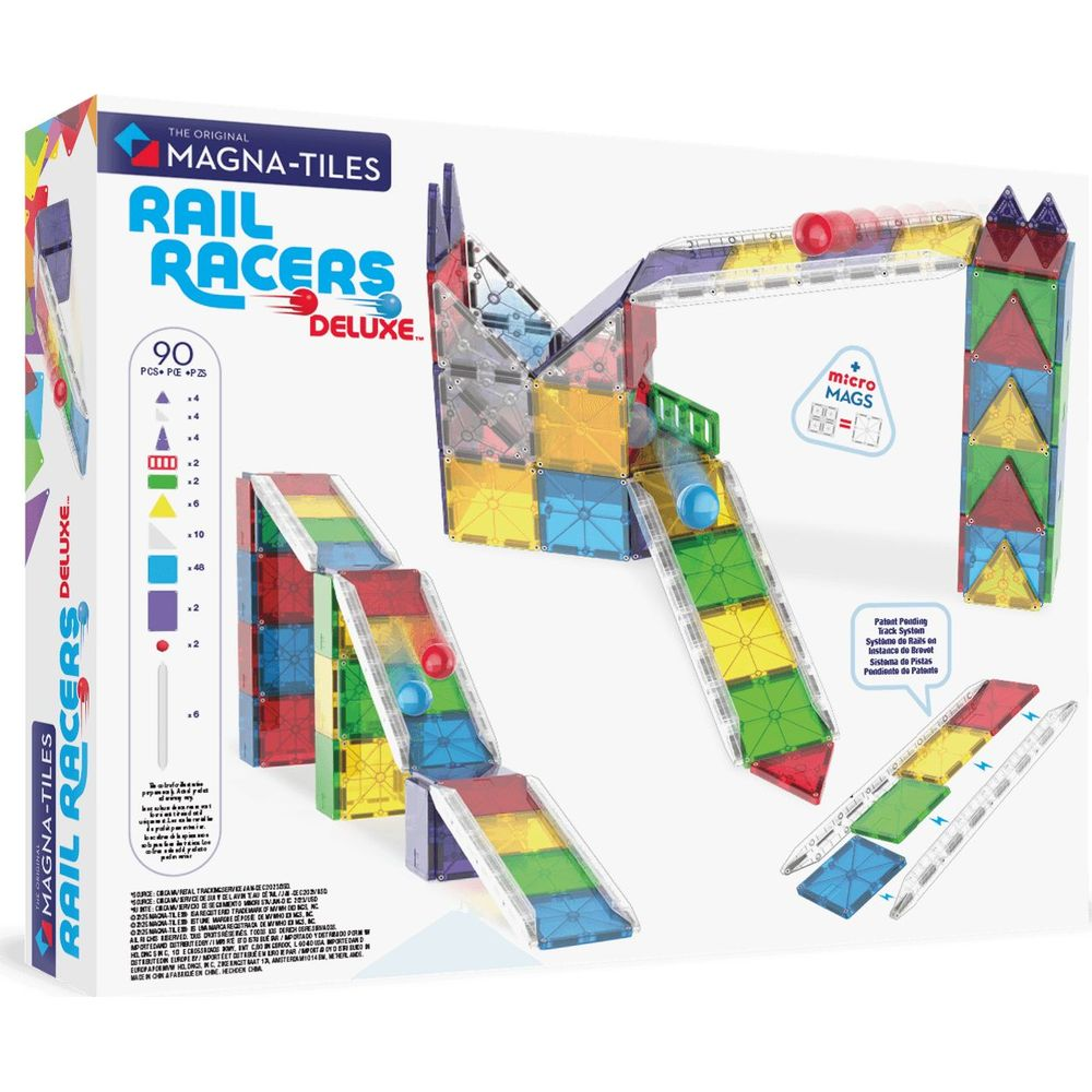 Magna-Tiles Rail Racers Deluxe Spielzeug mit farbigen Schienen und Kugeln.