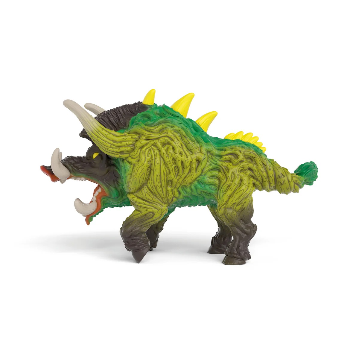 Un dinosaure jouet vert et marron avec des pointes et des défenses jaunes, gueule ouverte.
