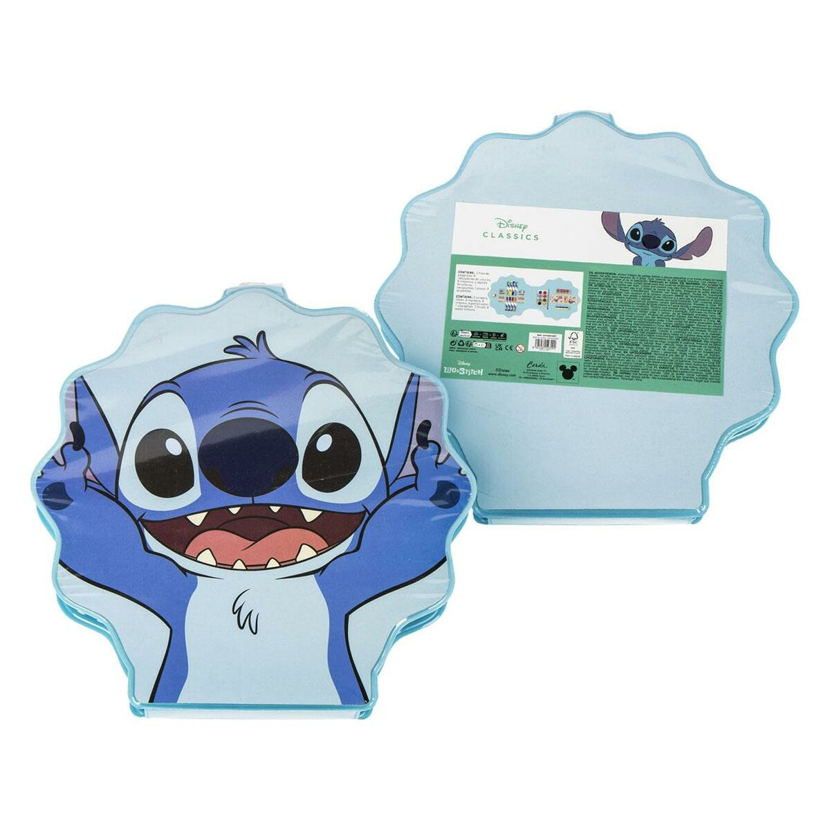 Blauer Behälter mit Stitch-Aufdruck, mit Informationen auf der Rückseite.