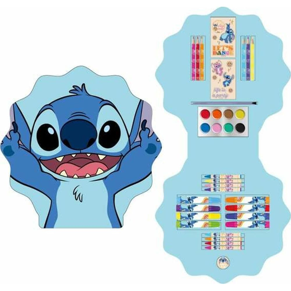 Ein blauer Stitch mit einem breiten Grinsen neben einer Bastelpackung mit Farben und Stiften.