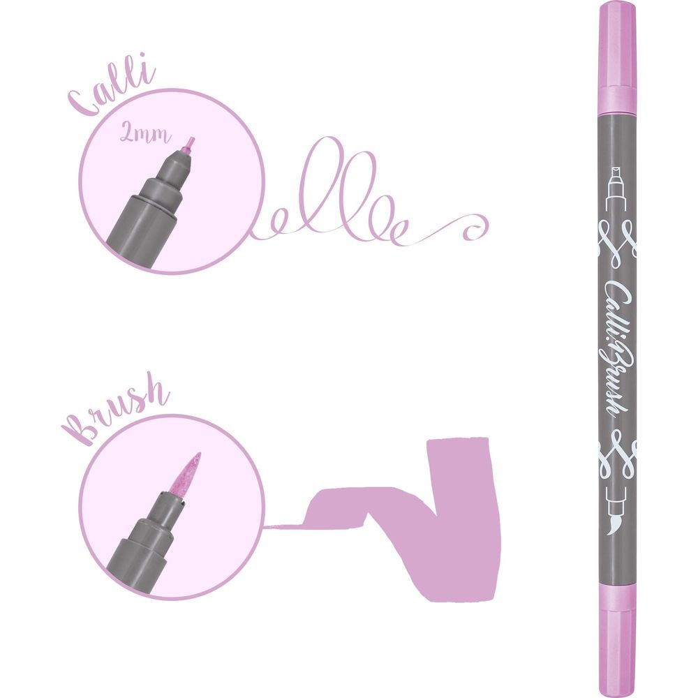 Ein lila Kalligrafie-Stift mit zwei Spitzen, eine 2mm-Spitze und eine Pinselspitze.