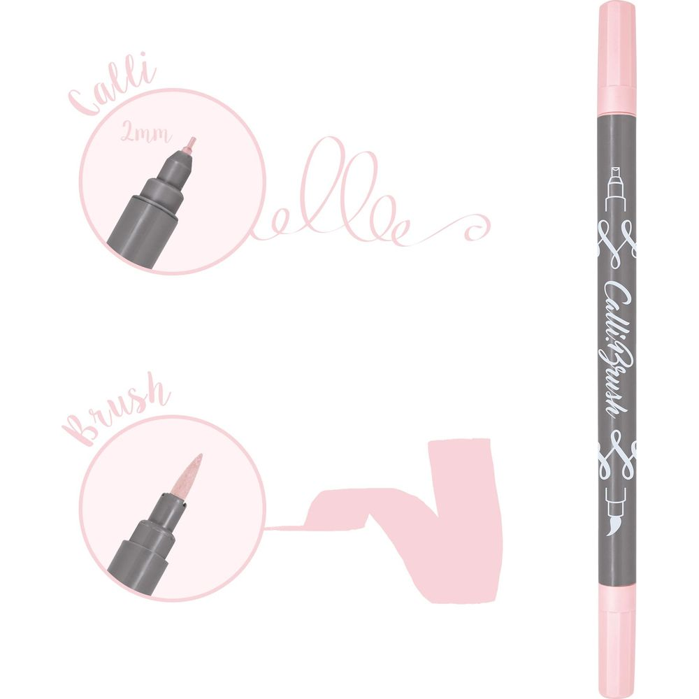 Ein rosa CalliBrush-Stift mit zwei Spitzen: einer 2mm-Spitze und einer Pinselspitze.