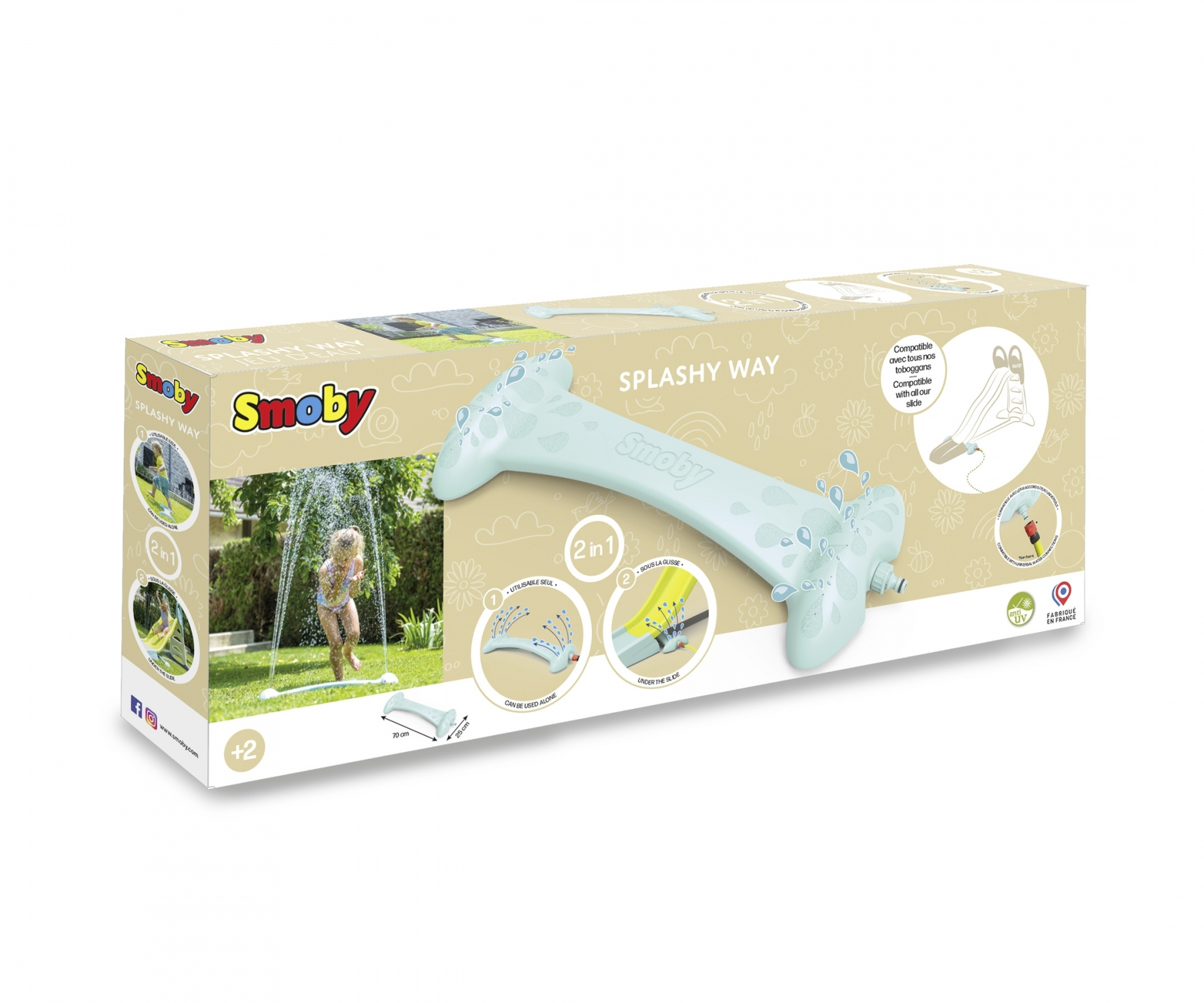 Smoby Splashy Way Spielzeugverpackung mit Bildern von Kindern und Wasserspielzeug.