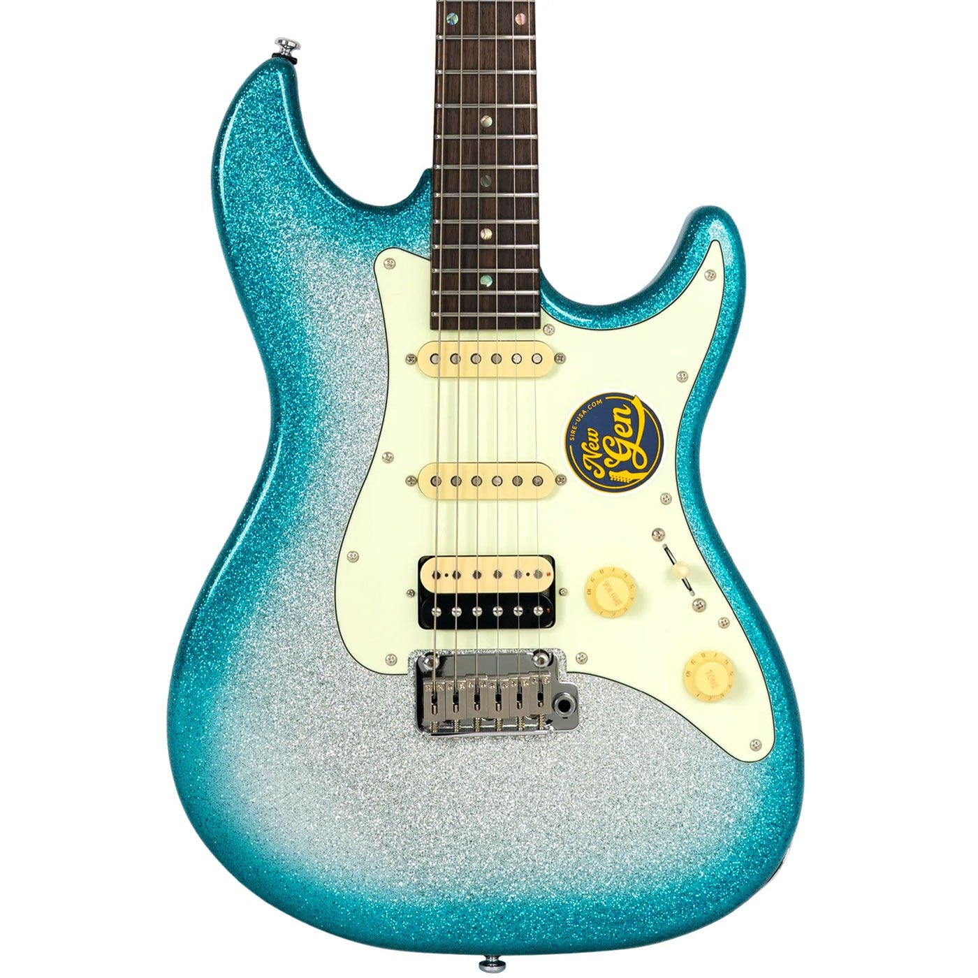 Parlak mavi, beyaz pena korumalı ve sarı düğmeli elektro gitar.