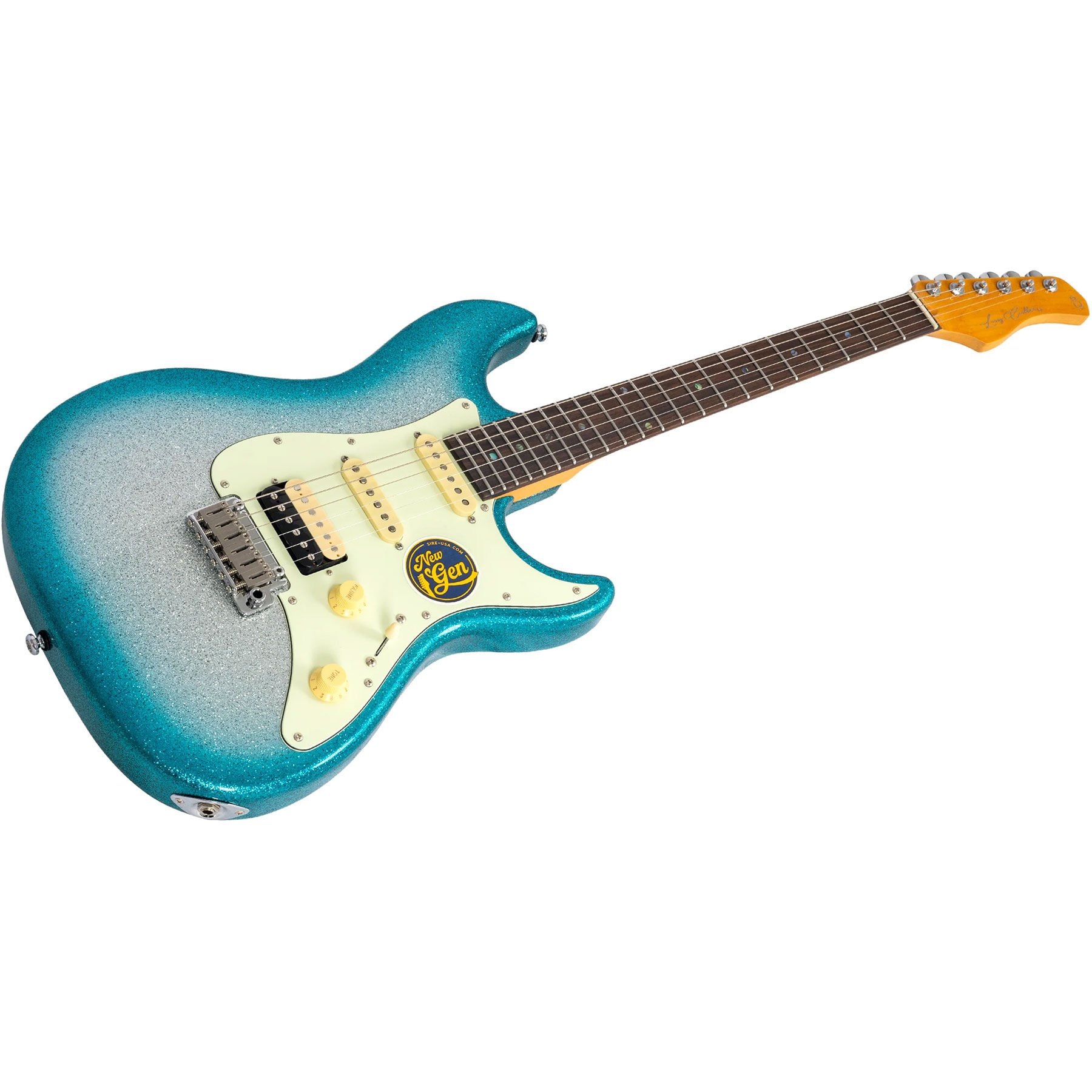 Krem rengi pena ve sarı düğmeli, ışıltılı mavi-gümüş elektrik gitar.