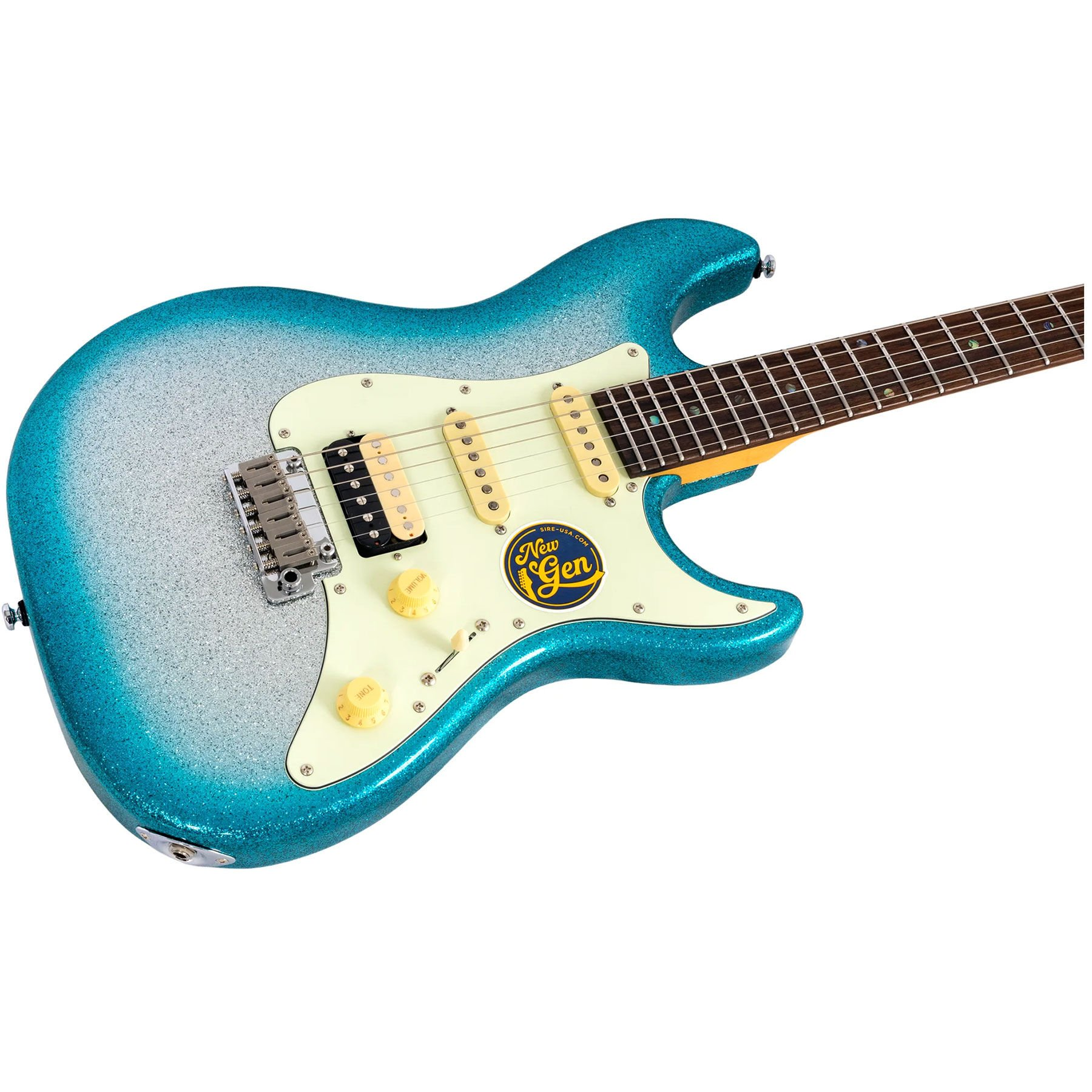 Krem rengi pena ve sarı düğmeli, pırıltılı mavi elektro gitar.