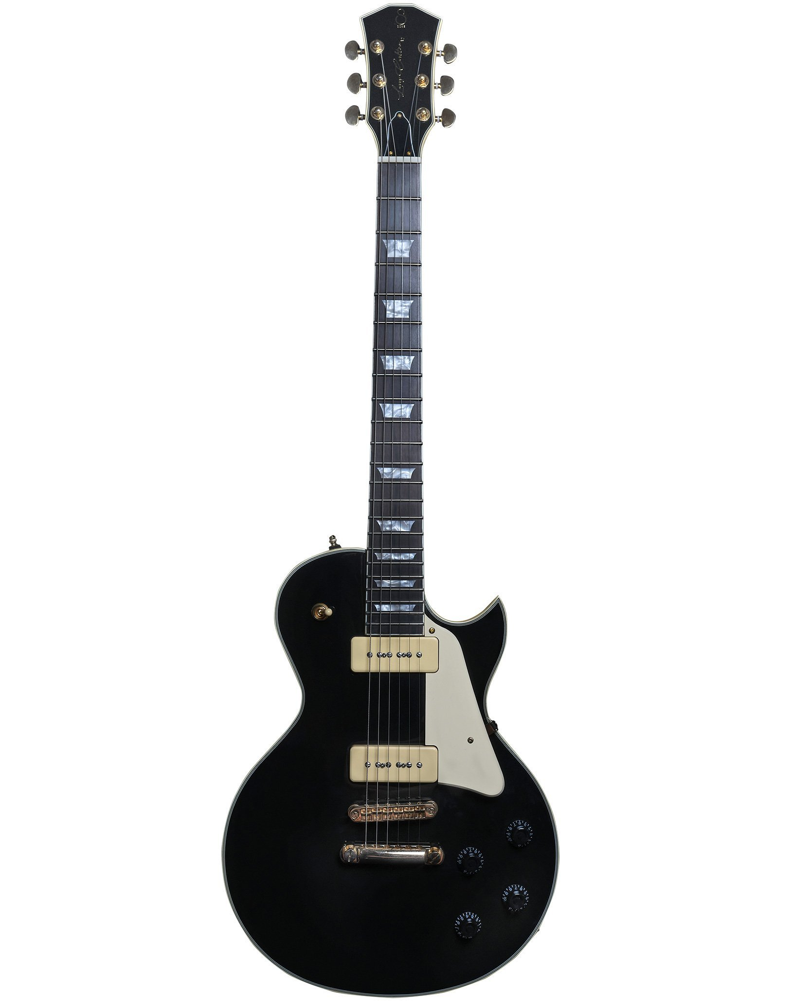Gövdesinde beyaz kakmalar bulunan siyah bir elektro gitar.