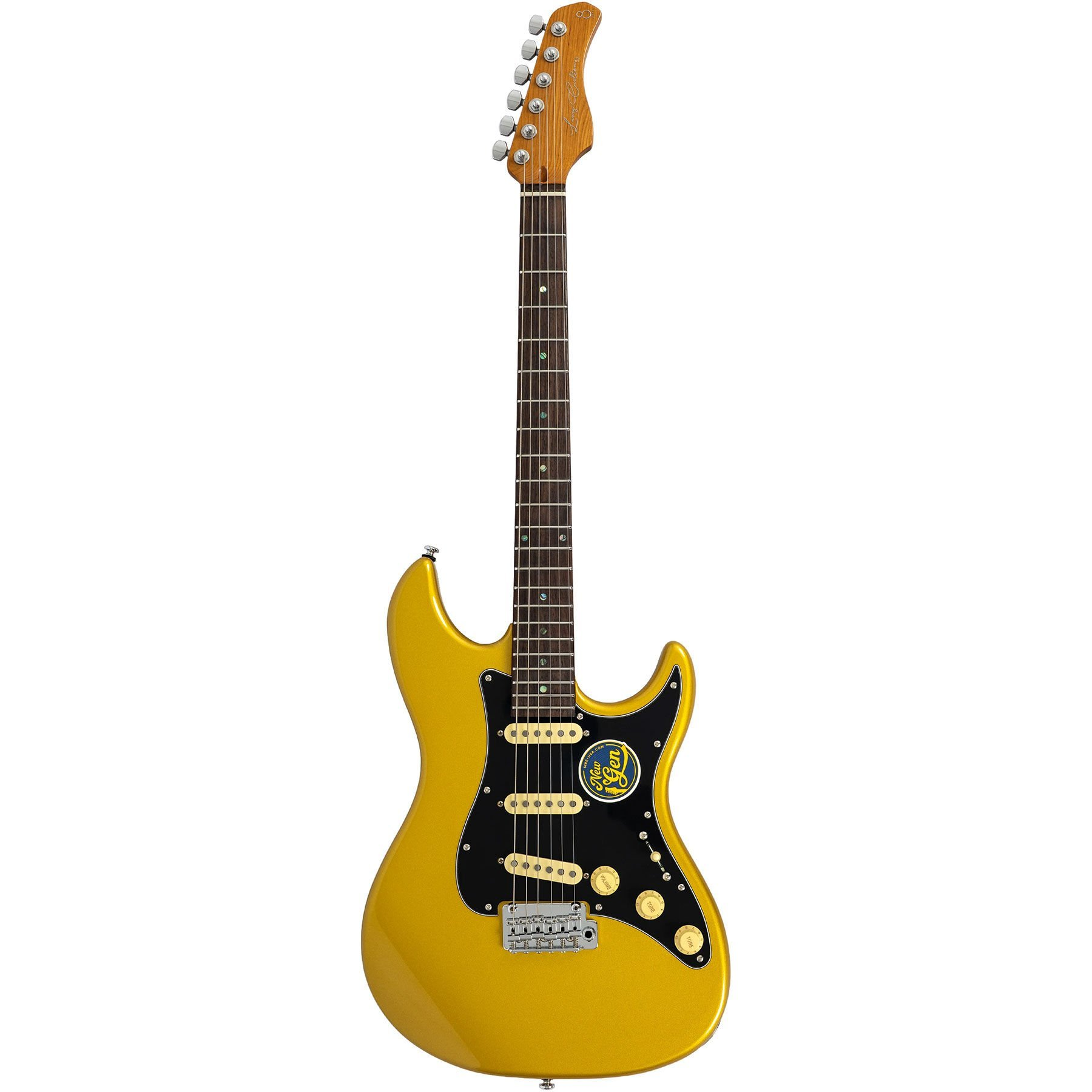 Siyah pena korumalı, üç manyetikli altın rengi elektro gitar.