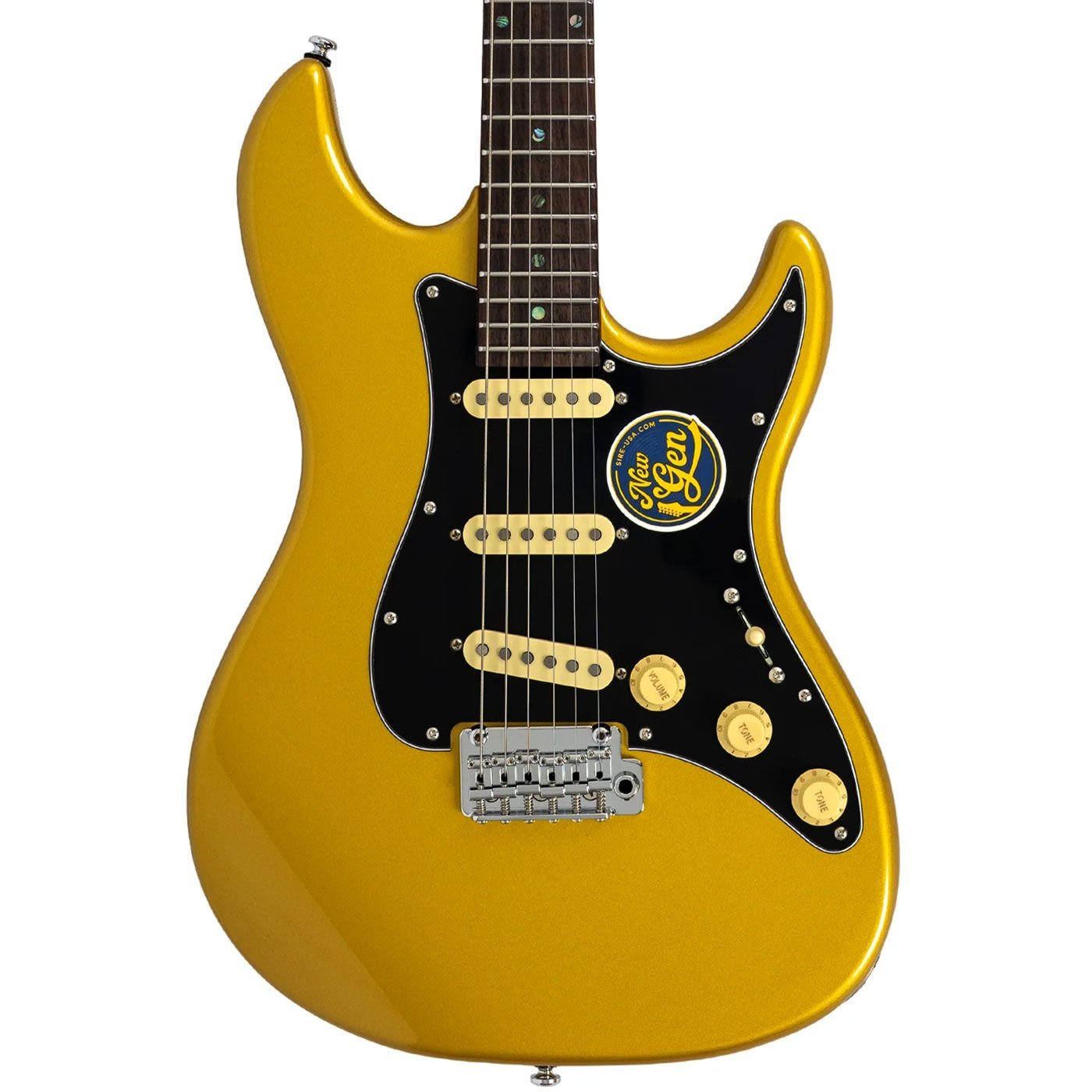 Siyah pena korumalı, metalik altın rengi elektro gitar, 'New Gen' logolu.