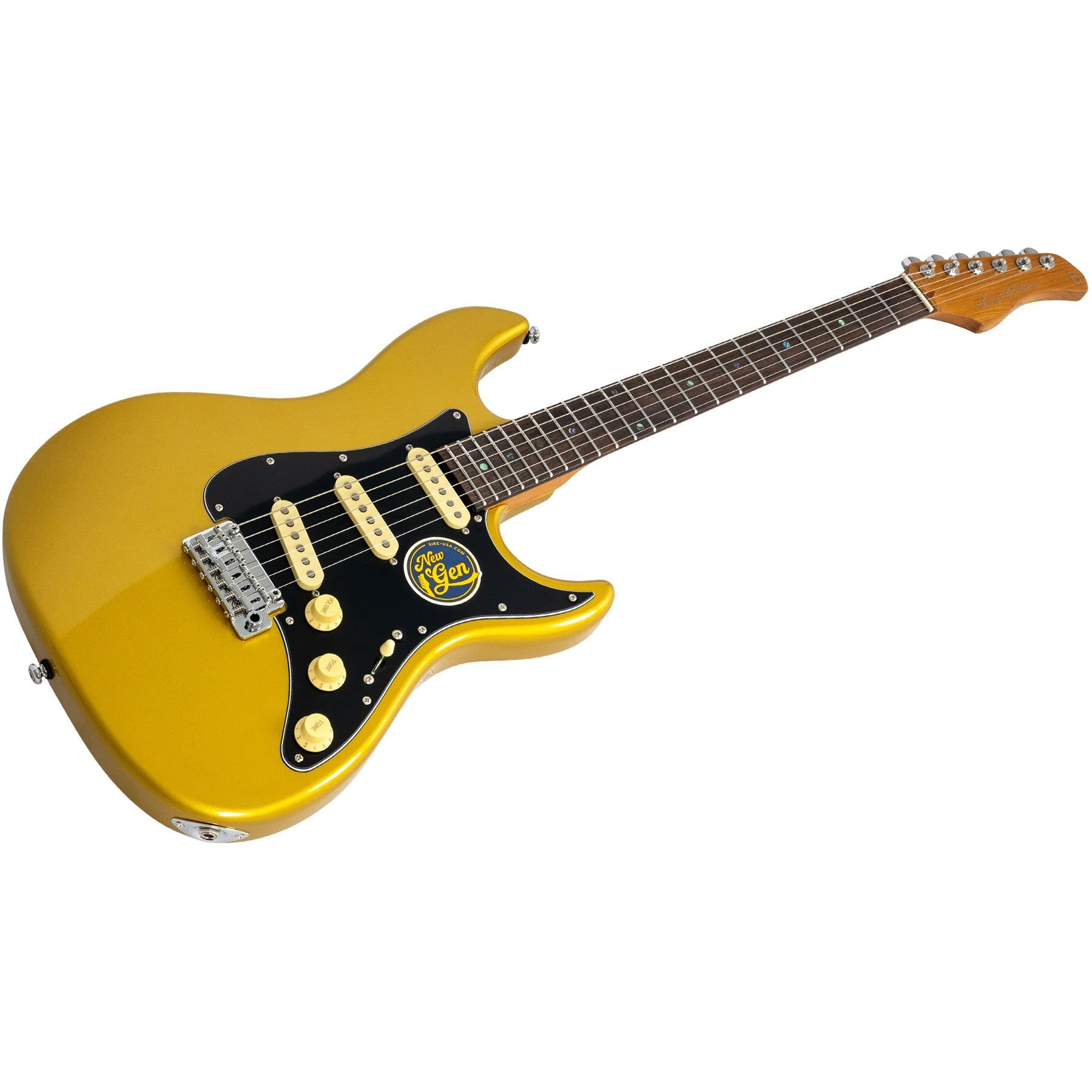 Siyah pena korumalı, altı telli altın rengi elektro gitar.