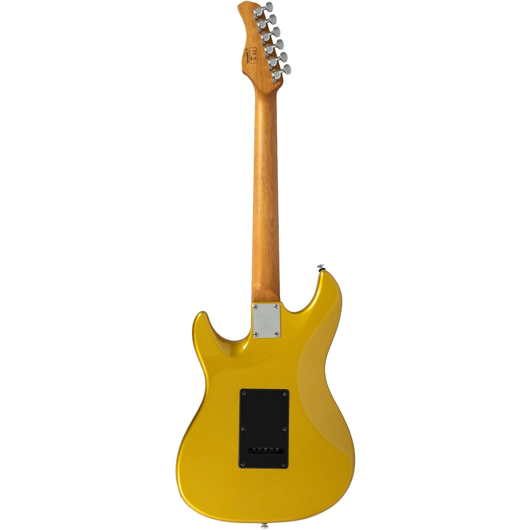 Boynunda ahşap damarı olan parlak altın rengi elektro gitarın arka görünümü.