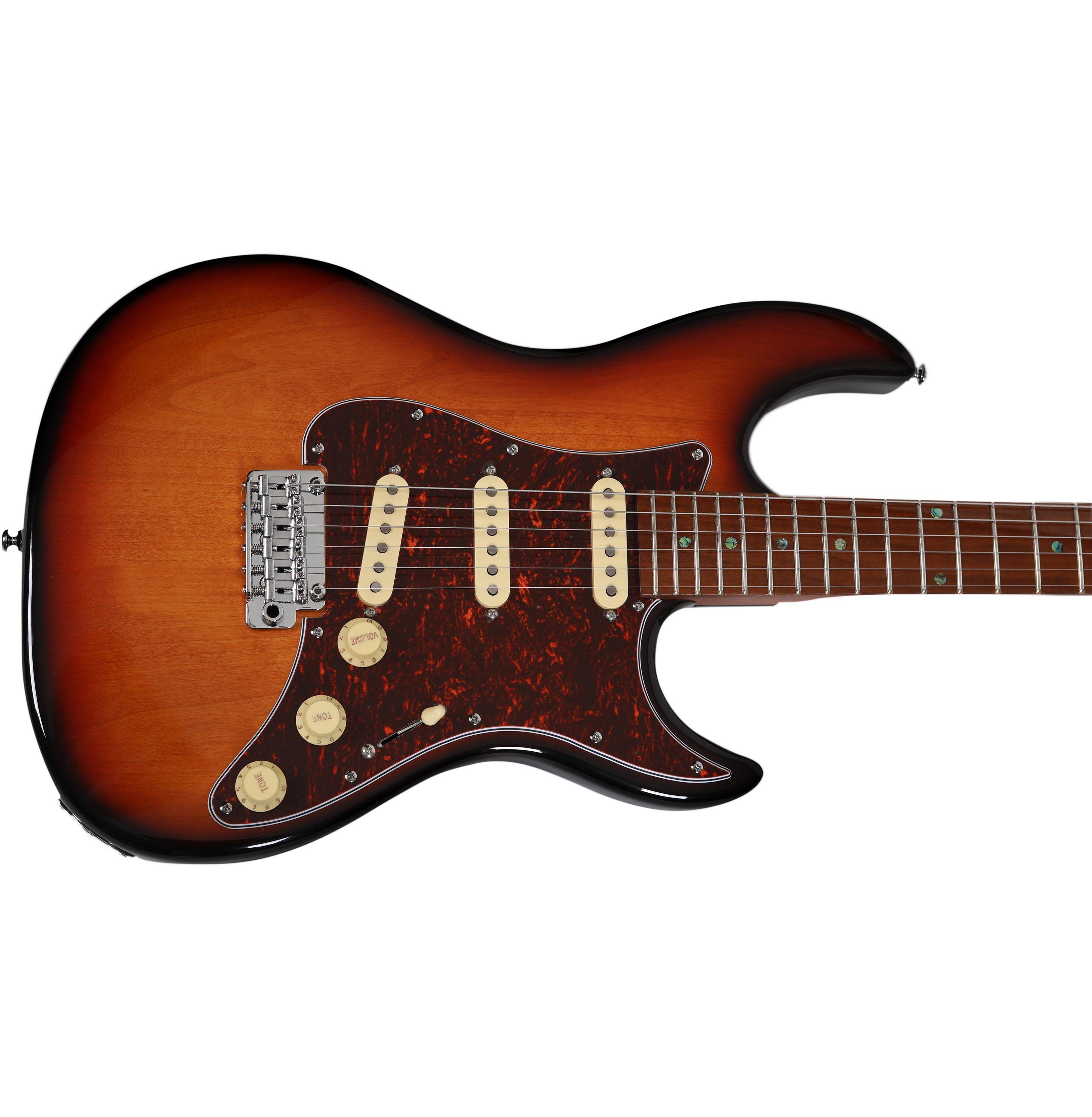 Kaplumbağa kabuğu pickguardlı ve üç manyetikli sunburst elektro gitar.