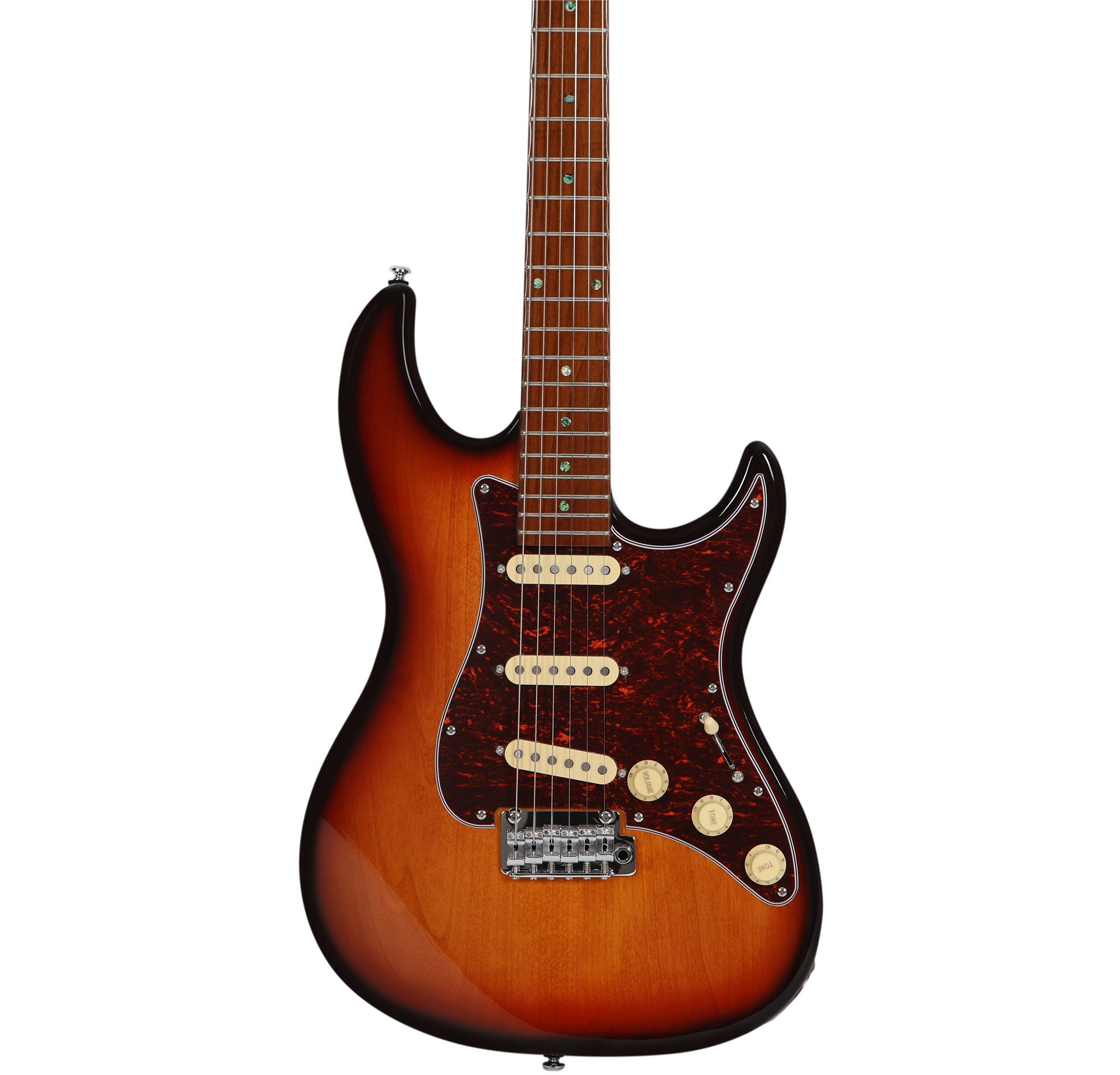 Üç manyetikli ve kaplumbağa kabuğu pena korumalı, renk geçişli elektro gitar.