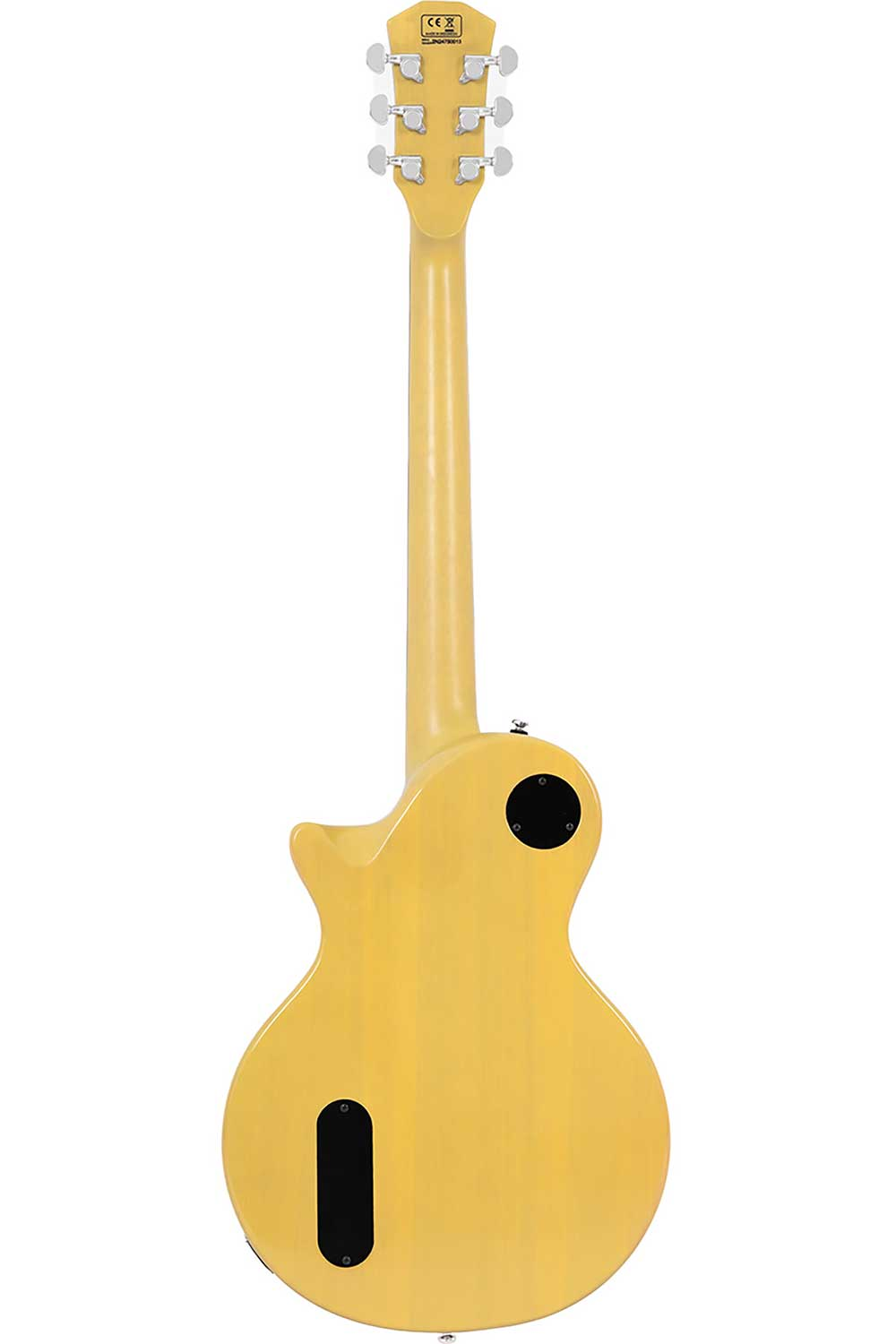 Altı akort burgulu ve siyah kapaklı sarı elektro gitarın arka görünümü.
