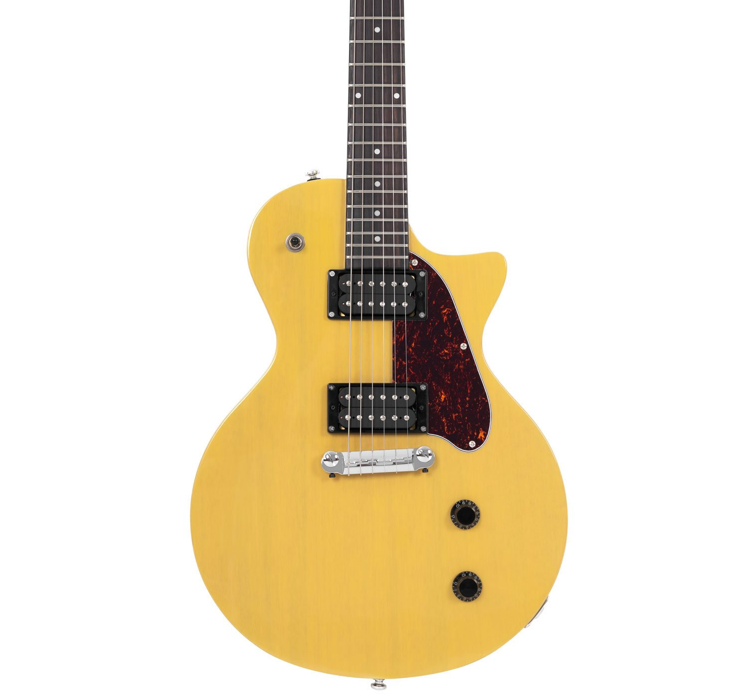 Humbucker manyetikli ve kaplumbağa desenli pena korumalı sarı elektro gitar.