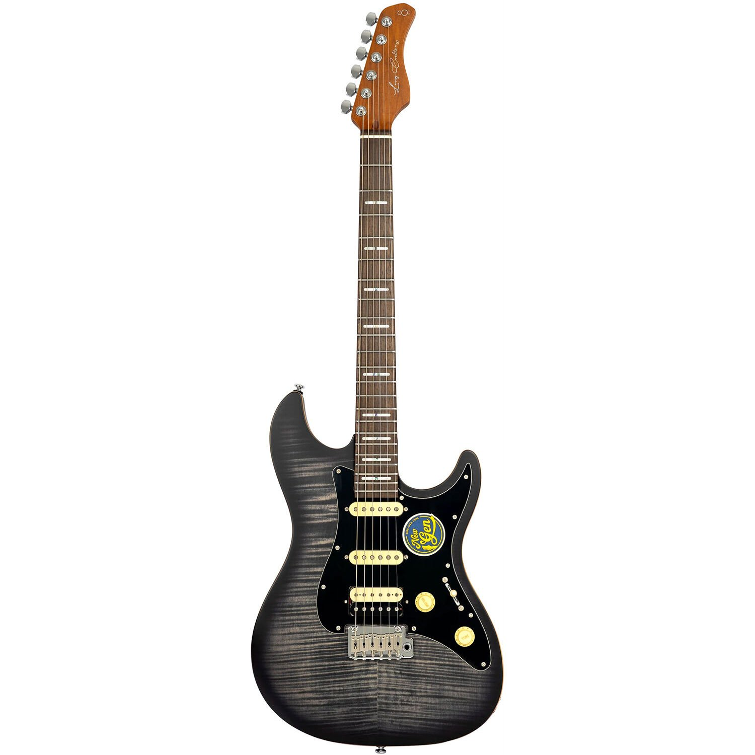 Koyu, alevli gövdeli ve siyah pena korumalı elektro gitar.