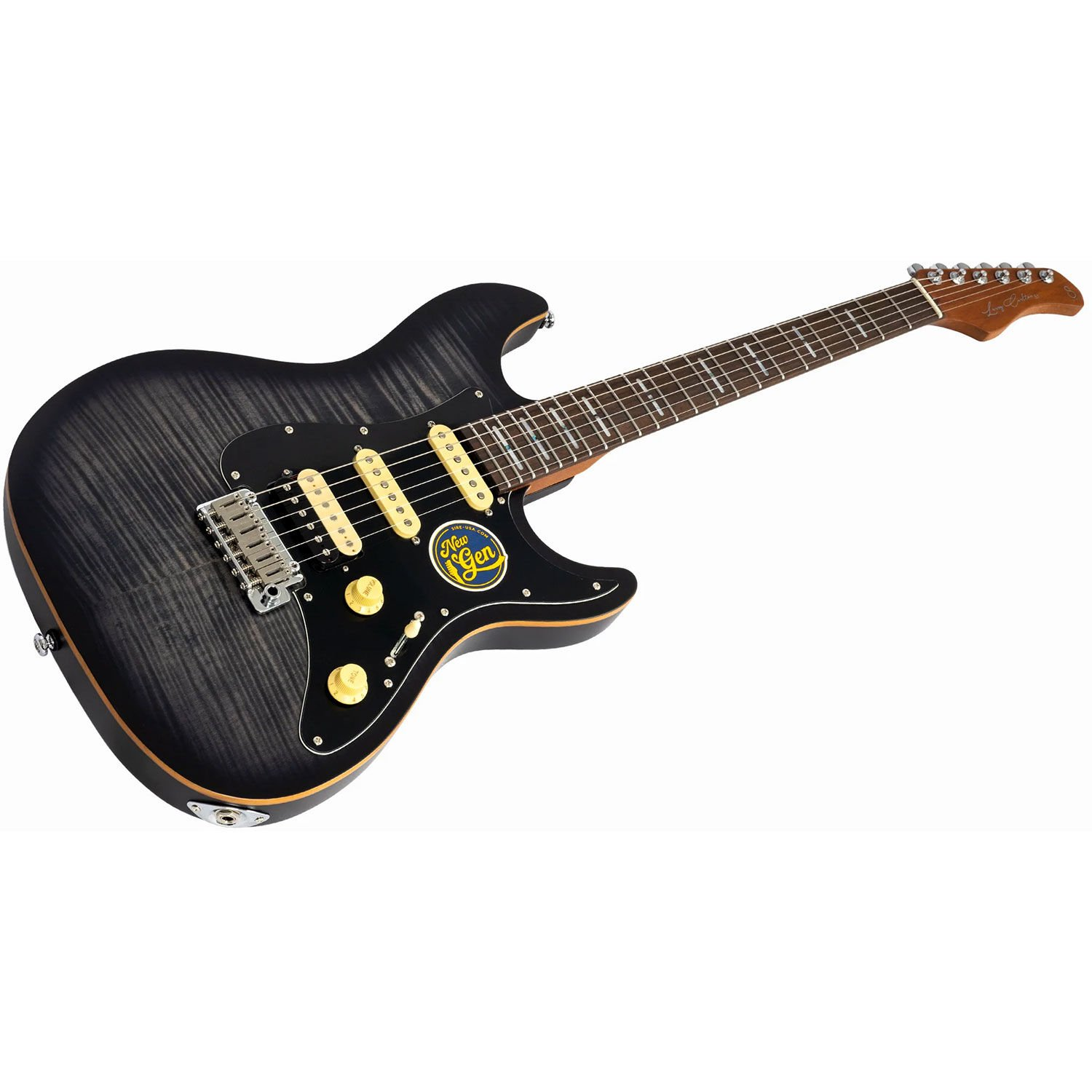 Alev desenli, krom donanımlı, sarı manyetikli siyah elektro gitar.
