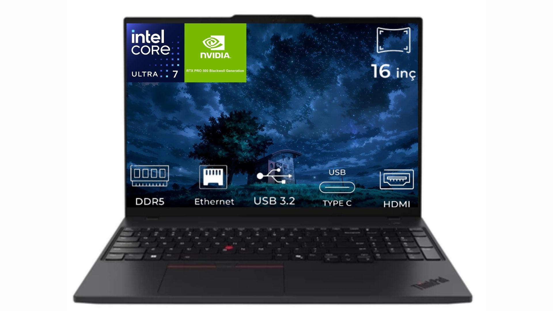 Intel Core Ultra 7, Nvidia RTX Pro 500, 16 inç ekranlı siyah dizüstü bilgisayar.