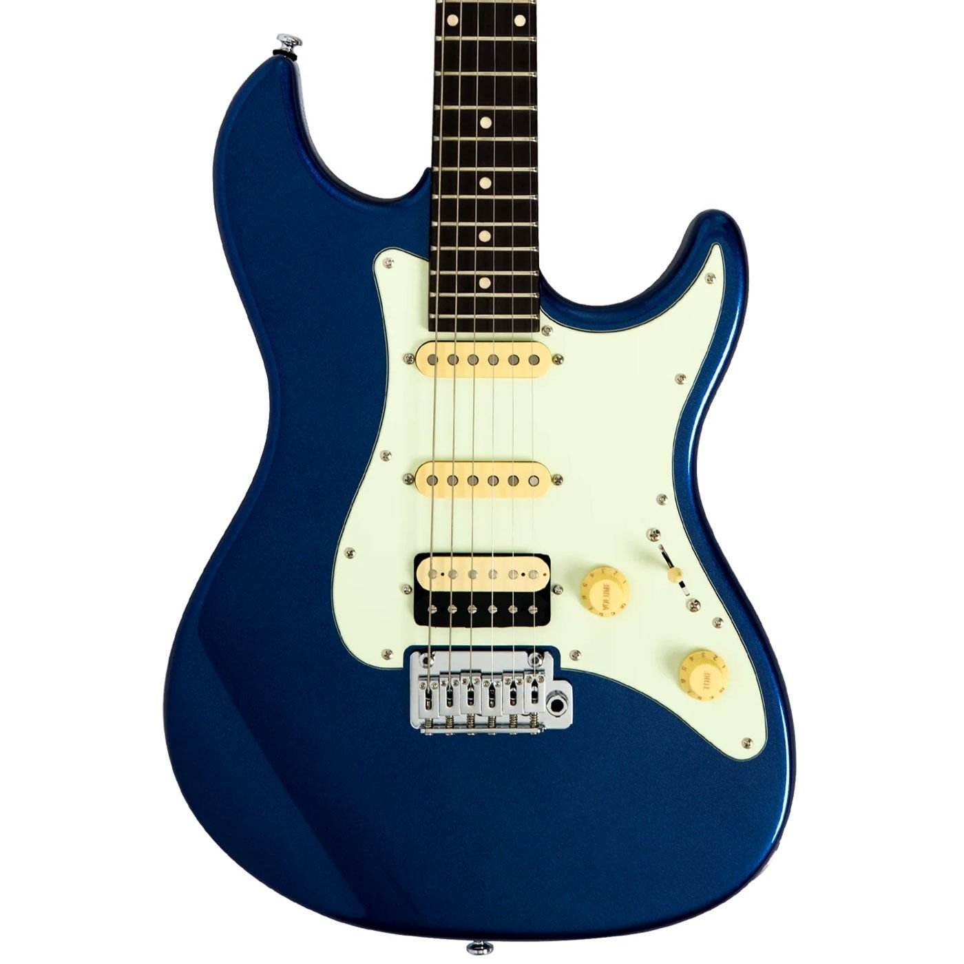 Krem pickguard ve gümüş köprülü mavi elektro gitar.