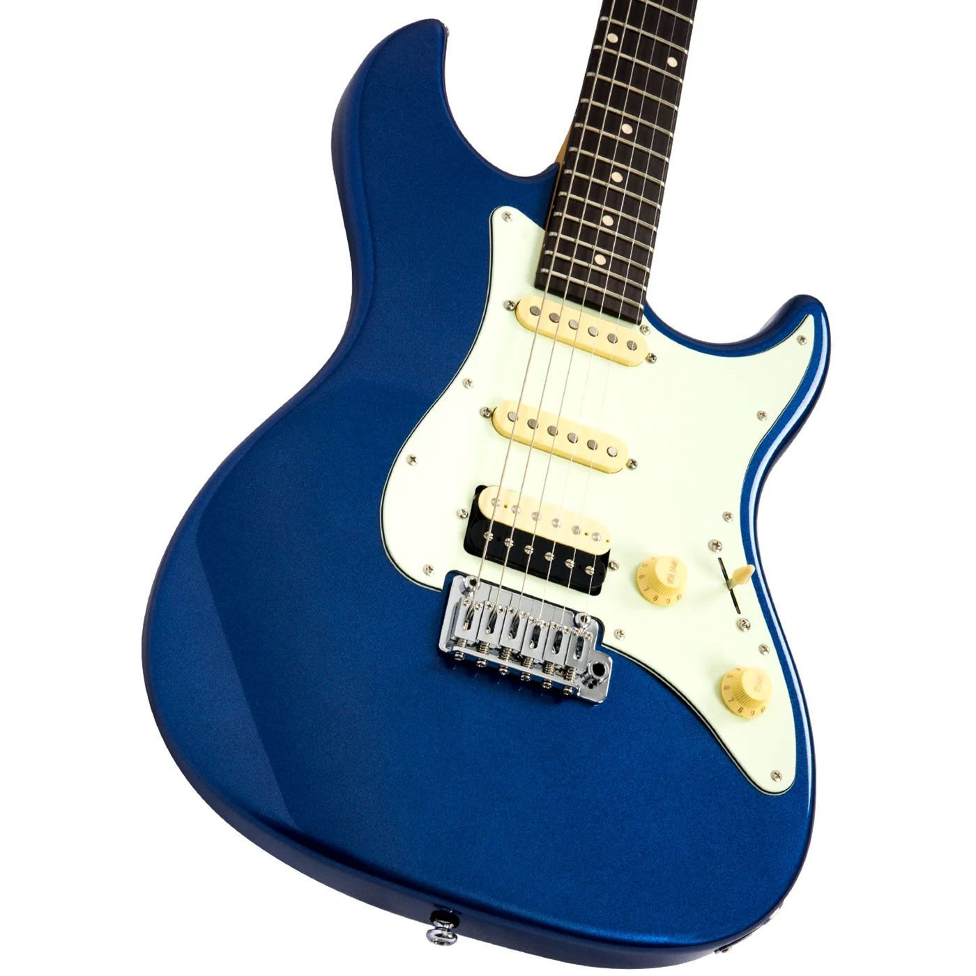 Gümüş köprülü beyaz manyetiklere sahip mavi elektro gitar gövdesi.