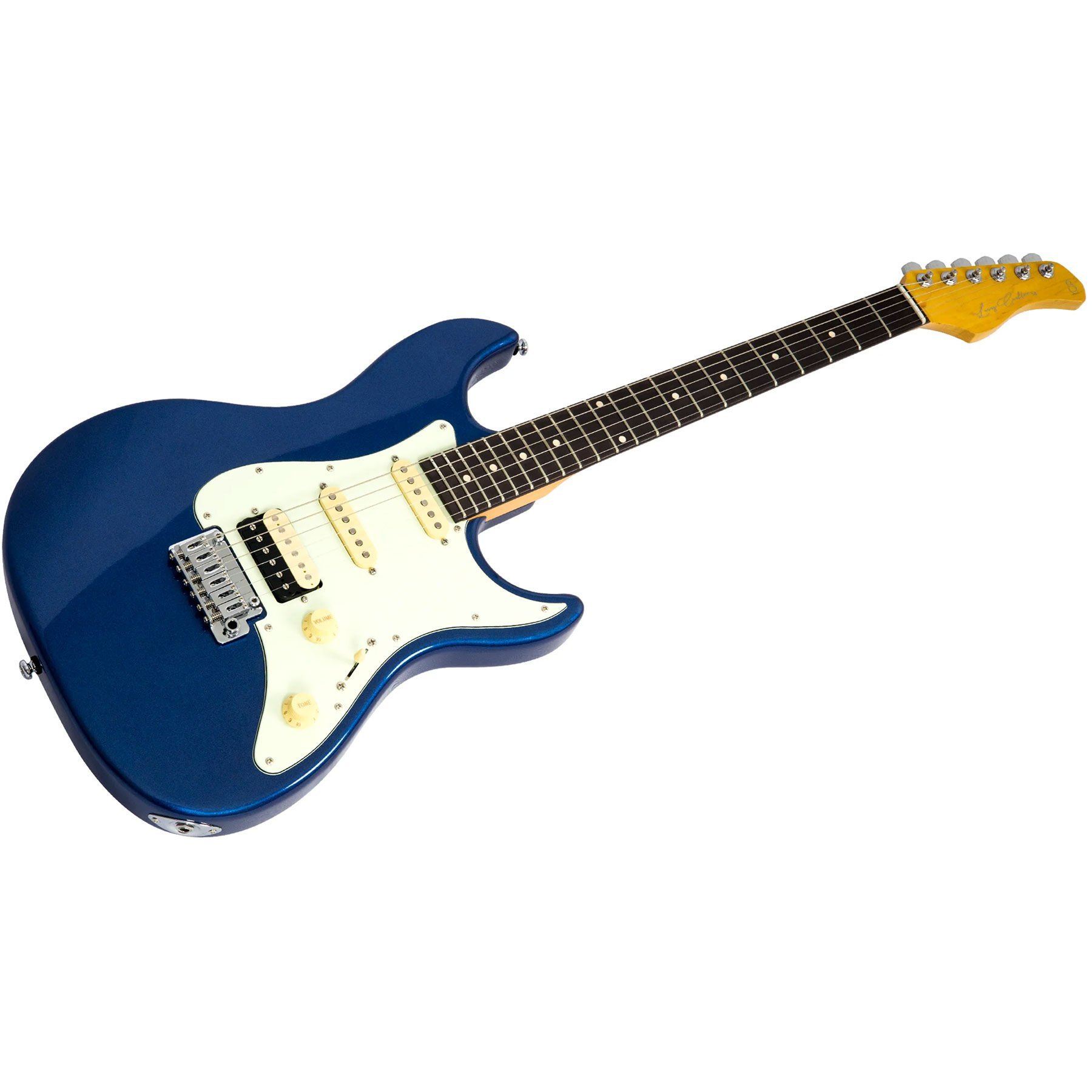 Beyaz pena korumalı ve sarı başlı mavi elektro gitar.