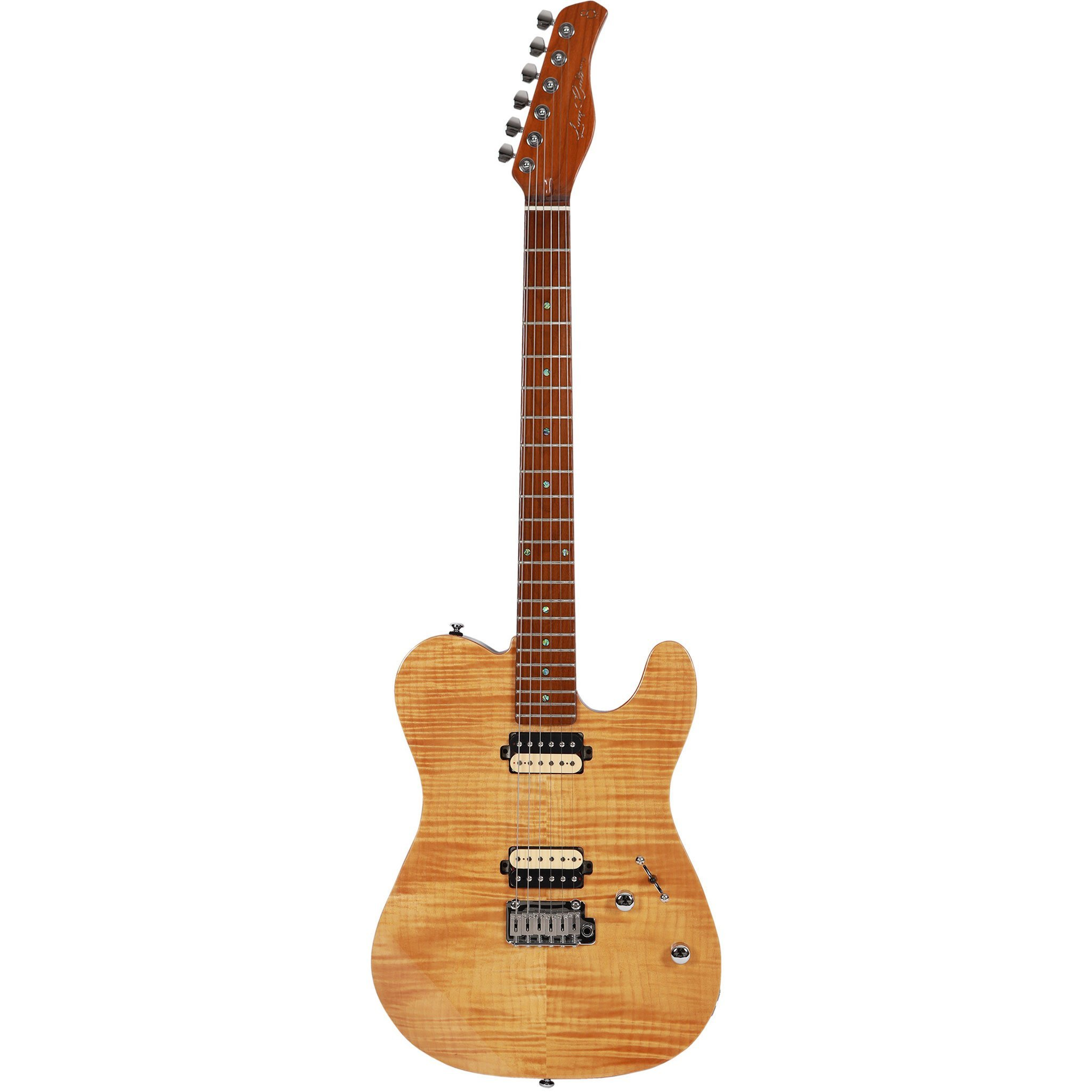 Açık renk ahşap gövde ve sapa, gümüş donanıma ve altı tele sahip elektro gitar.