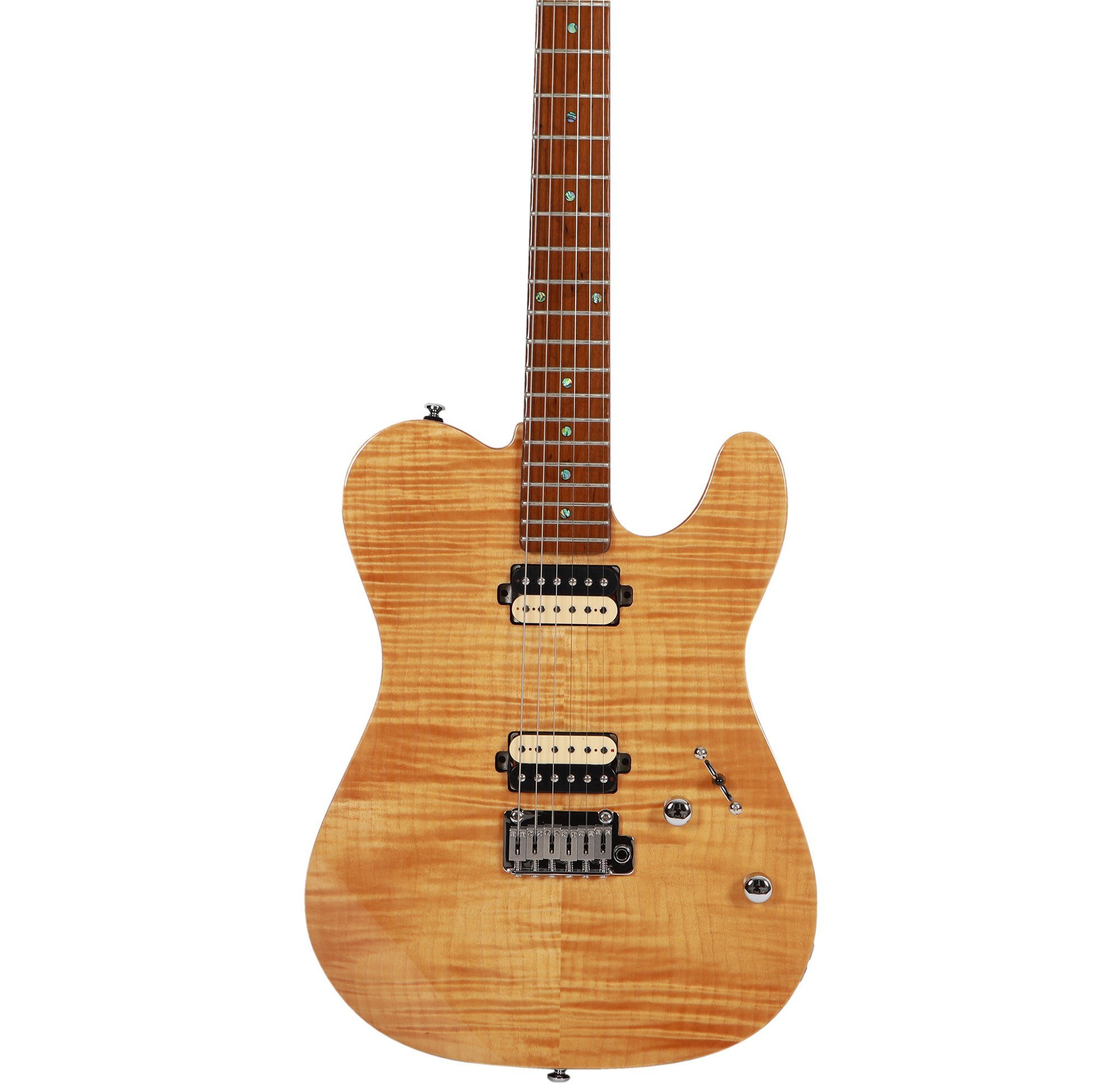 Kapitone akçaağaç üst, iki manyetik ve klavyeli sarışın elektro gitar.