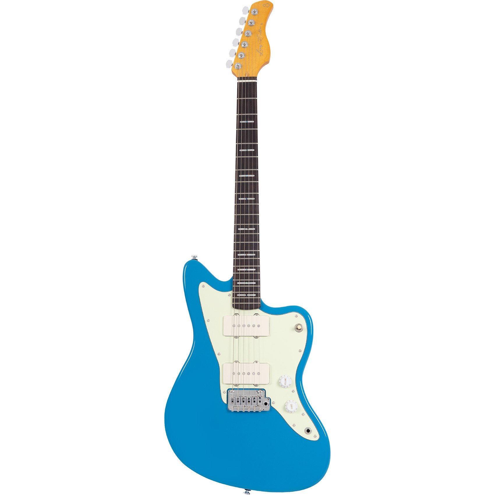 Beyaz pena korumalı ve gümüş köprülü mavi elektro gitar.