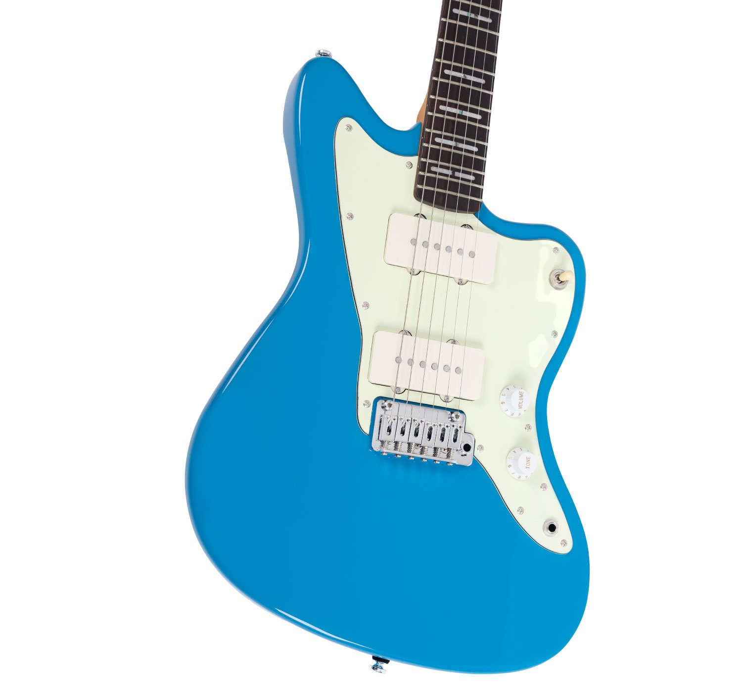 Beyaz pena korumalı, altı telli, iki manyetikli mavi elektro gitar.