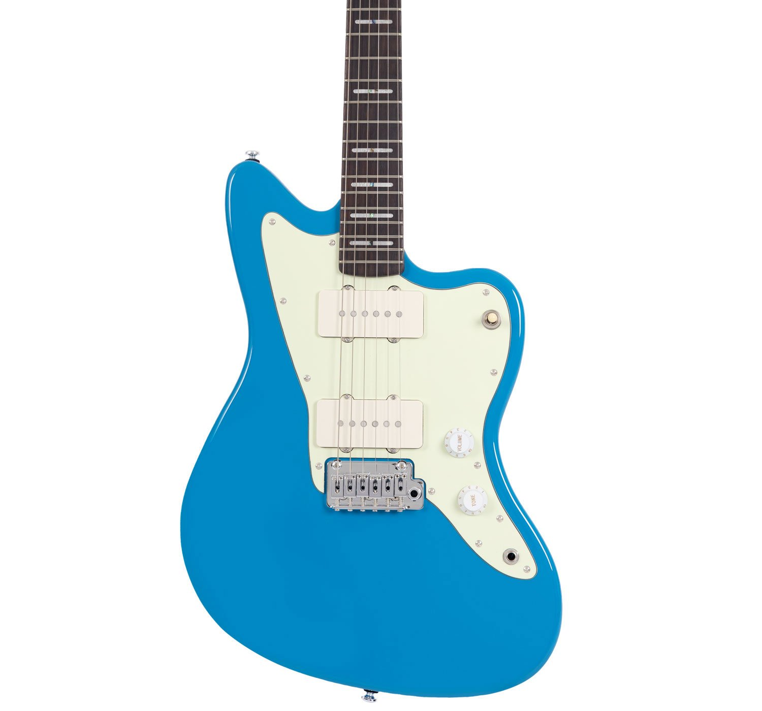 Krem rengi pena korumalı, gümüş donanımlı mavi elektro gitar.