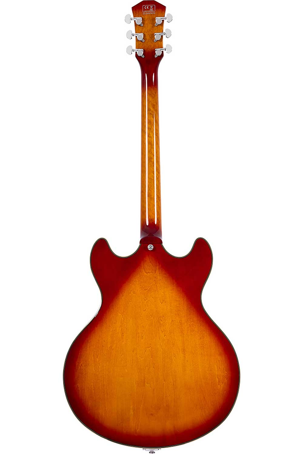 Güneş patlaması efektli kızılımsı kahverengi elektro gitar, arka ve sap gösterilmiş.