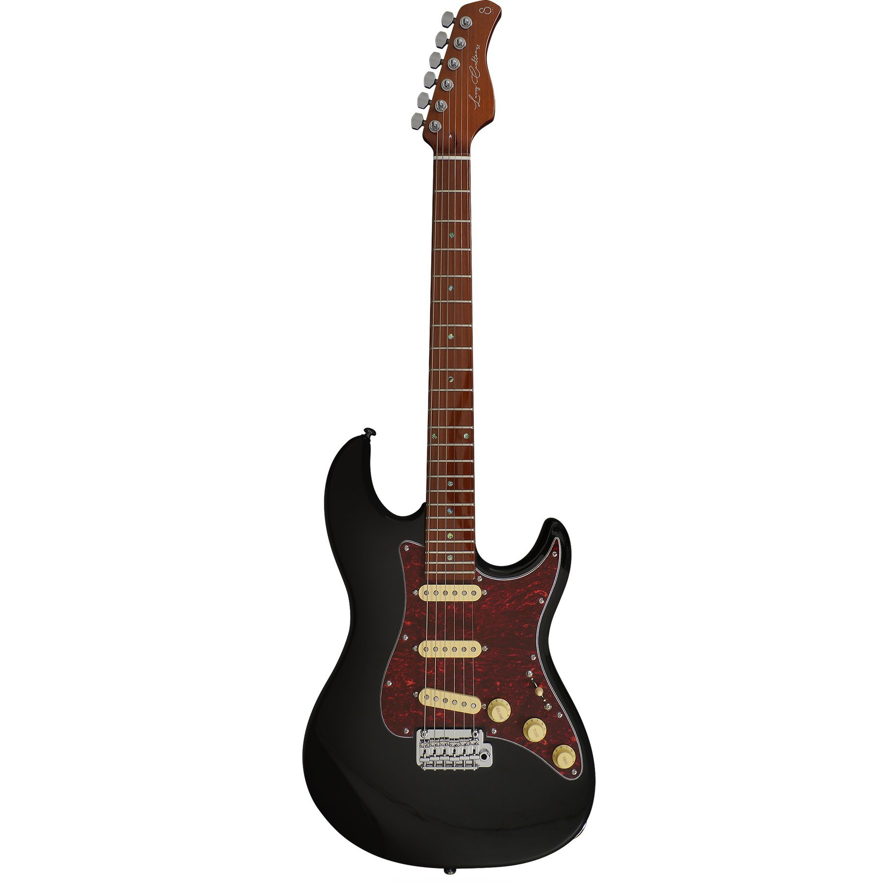 Kırmızı pena koruyuculu ve gümüş donanımlı siyah elektro gitar, beyaz zeminde.