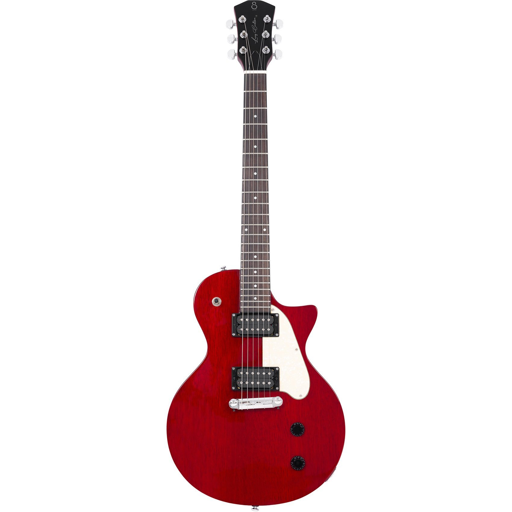 Gümüş burgulu, beyaz pena korumalı kırmızı elektro gitar.
