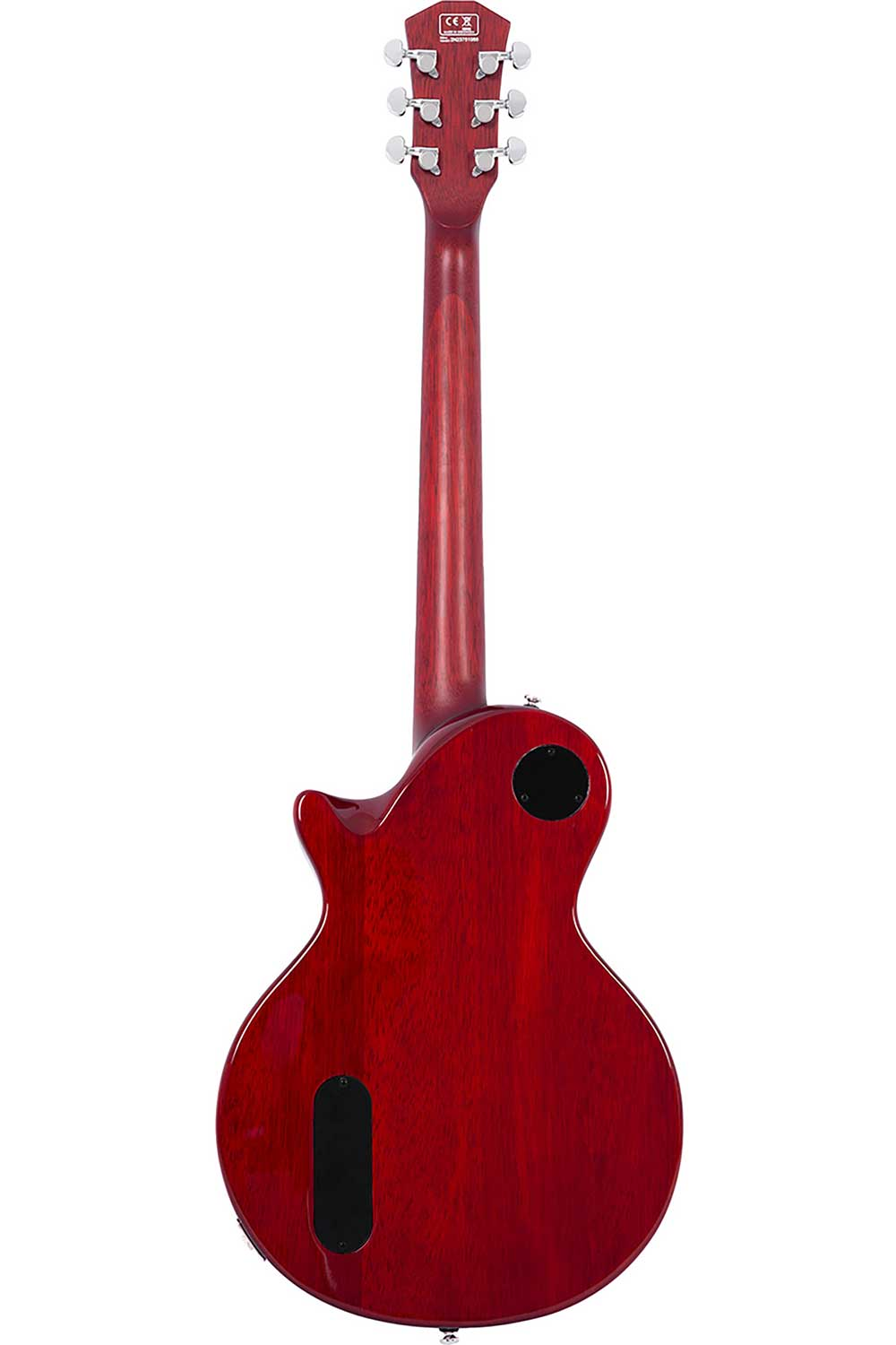 Gümüş akort burgulu, siyah kapaklı kırmızı elektro gitarın arkası.