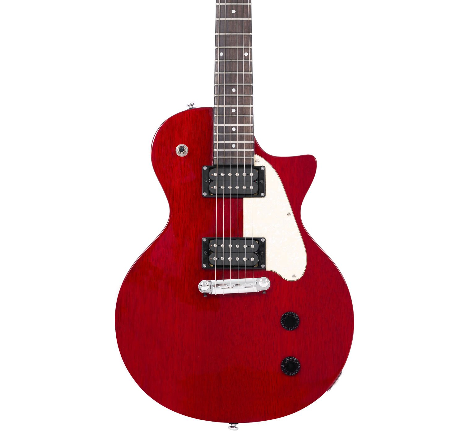Beyaz manyetikler ve gümüş köprüye sahip kırmızı elektro gitar beyaz arka planda.