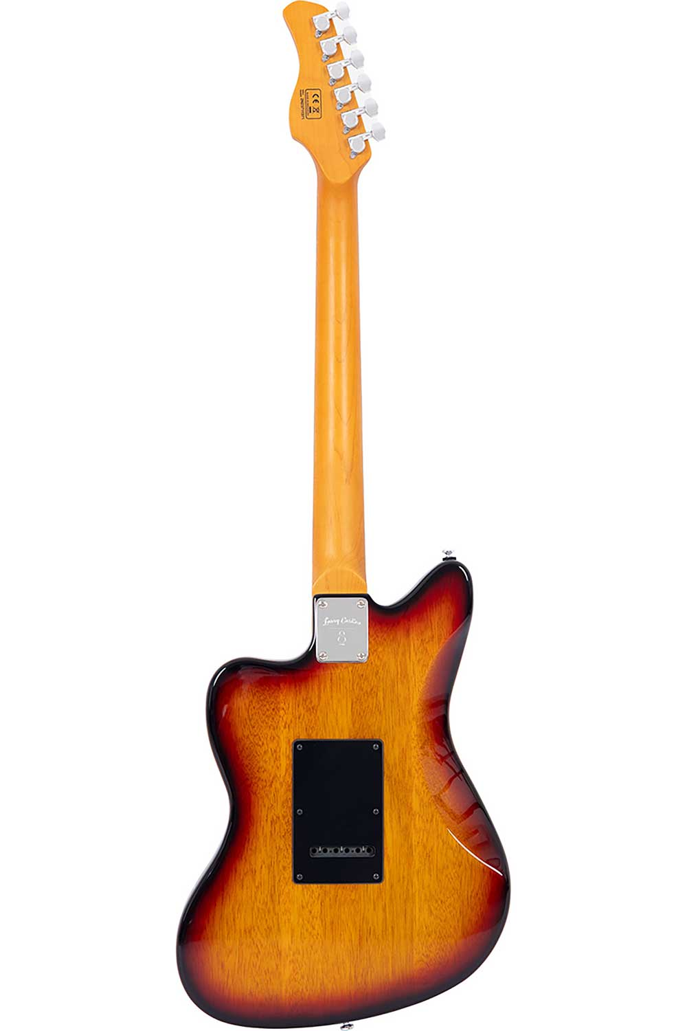 Güneş batımı renkli, ahşap damarlı ve siyah parçalı elektro gitarın arkası.