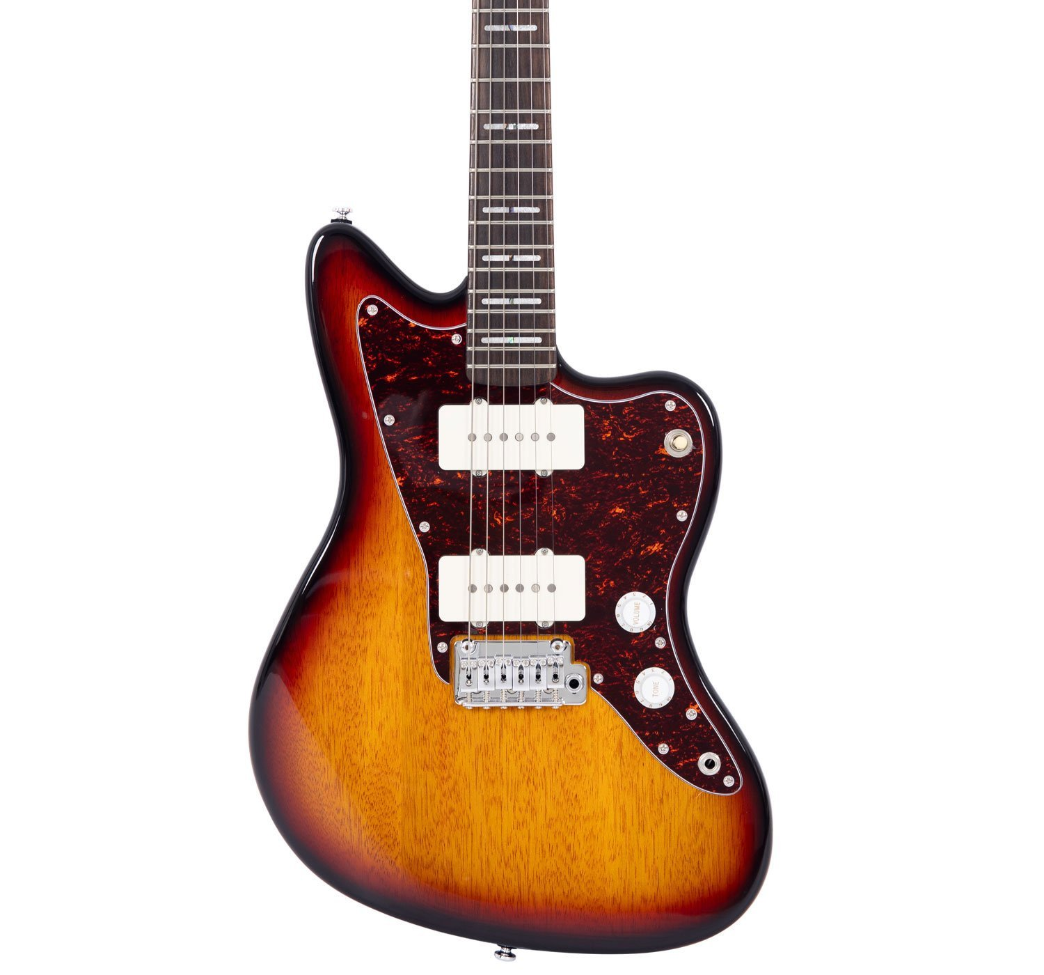 Kaplumbağa kabuğu desenli pickguard, iki beyaz manyetik ve krom köprülü, güneş patlaması renkli elektro gitar.
