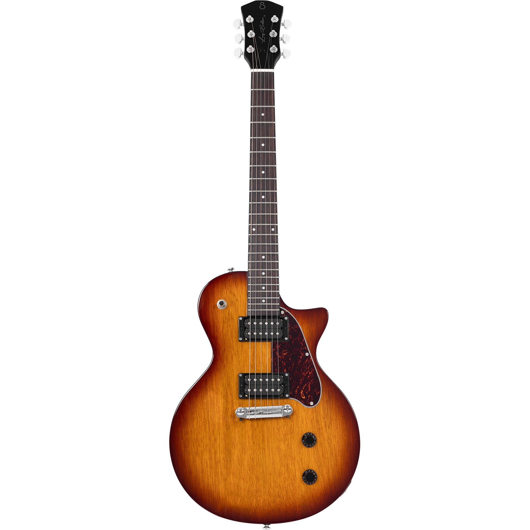 Gümüş burgular ve kaplumbağa kabuğu pena koruyuculu kahverengi elektro gitar.