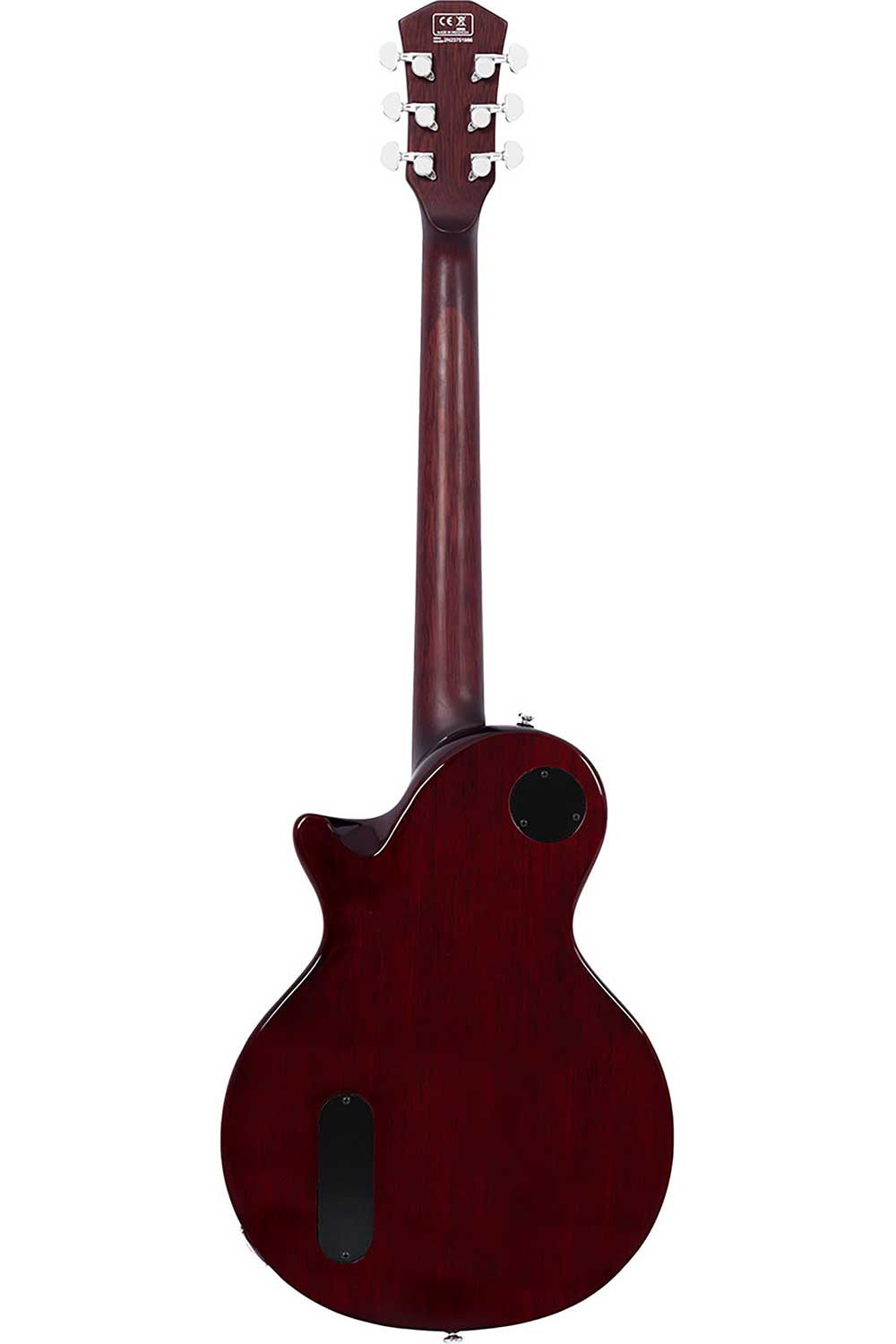 Gümüş akort burgulu, CE işaretli koyu kırmızı elektro gitarın arkası.
