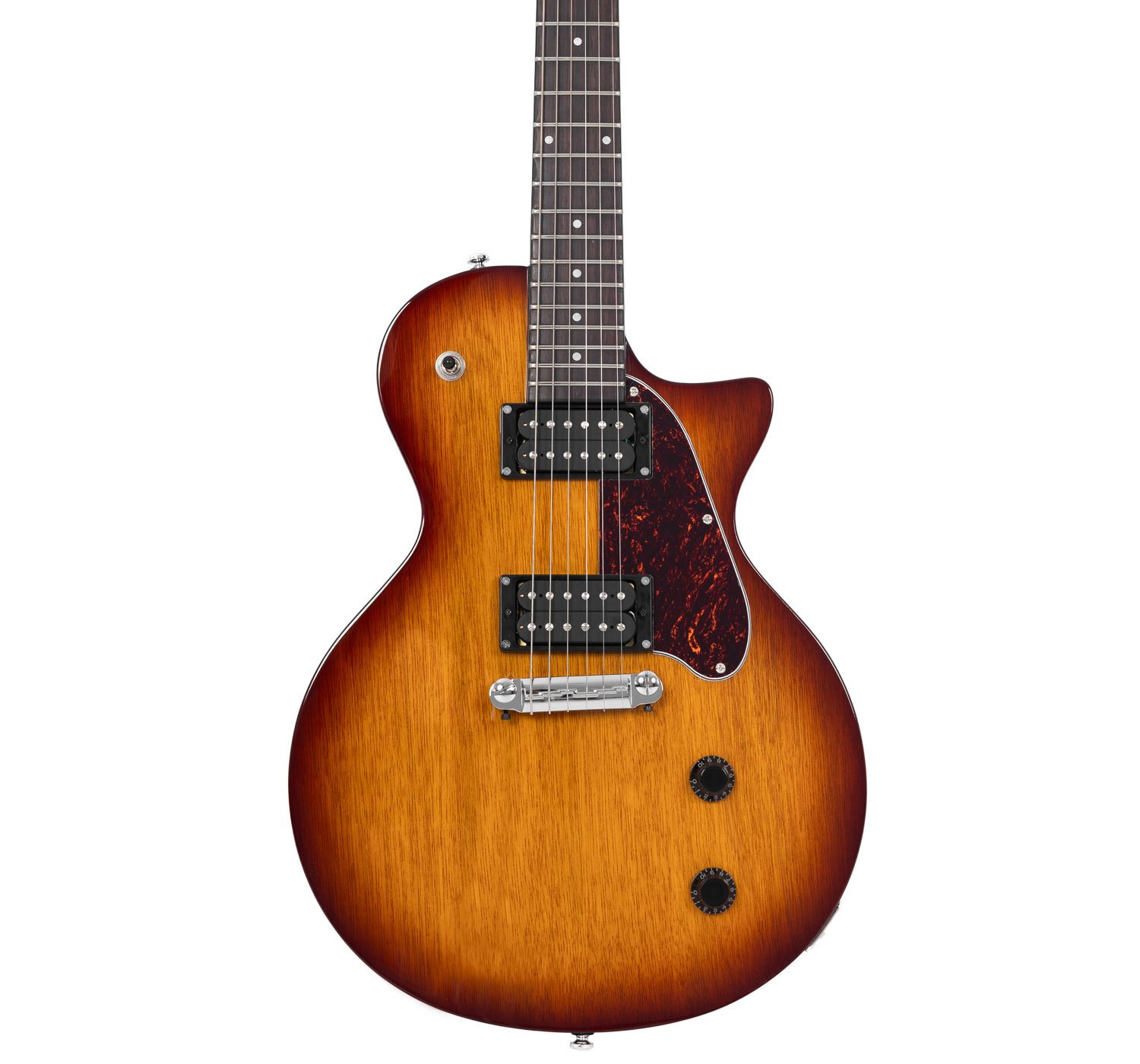 Kahverengi sunburst bitişli, iki humbuckerli ve krom donanımlı elektro gitar.