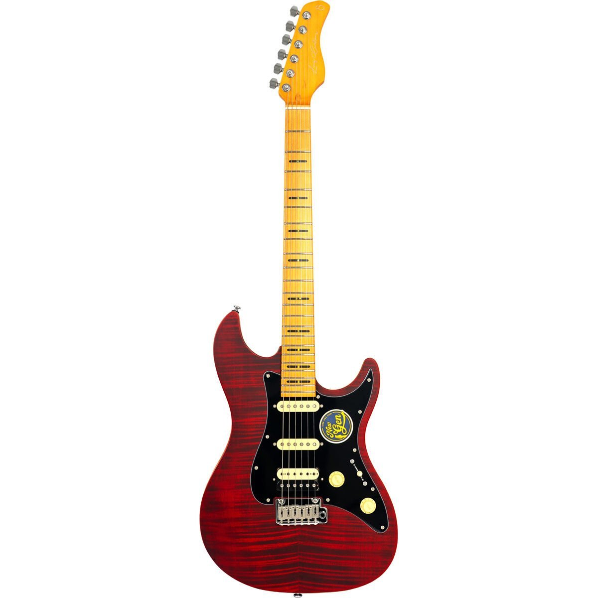 Siyah pena korumalı ve gümüş donanımlı kırmızı elektro gitar.