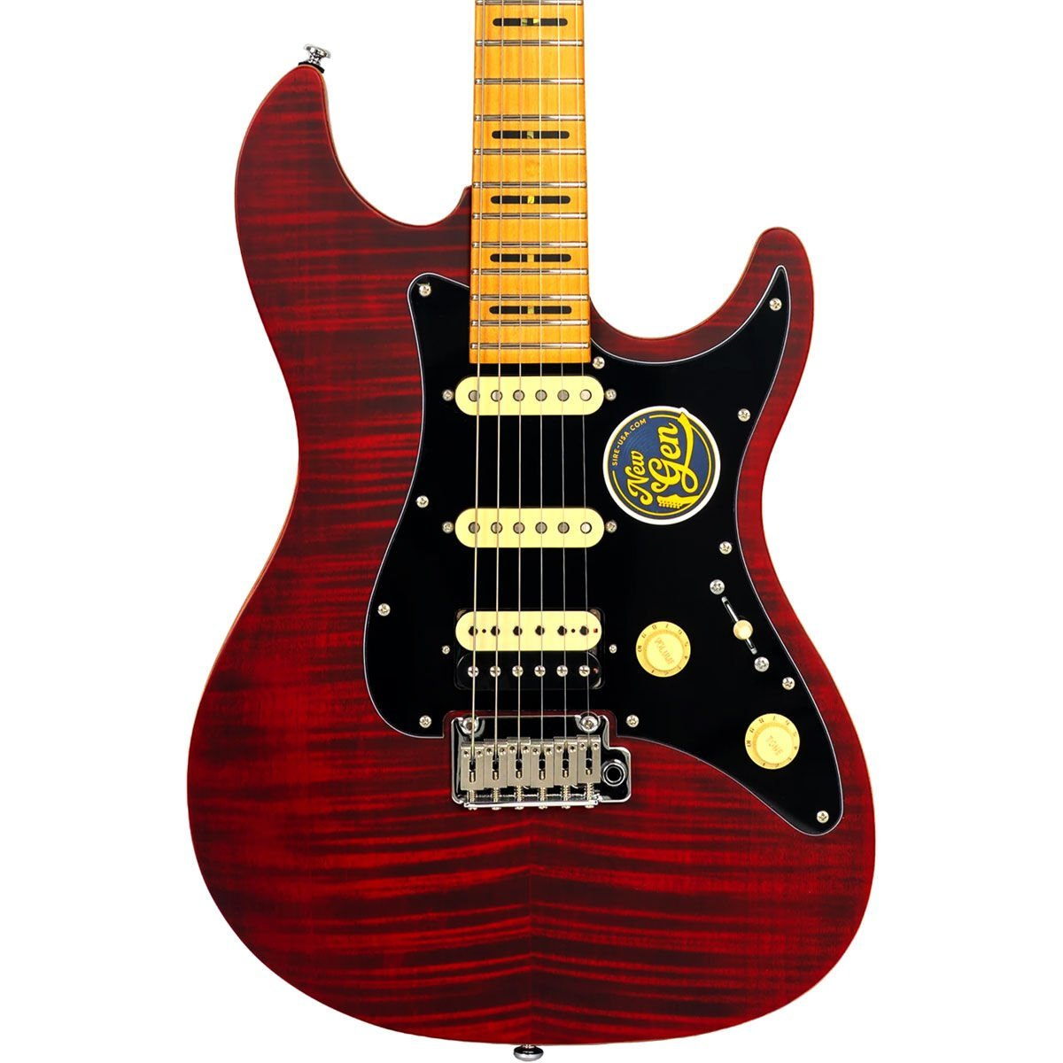 Siyah pena korumalı ve gümüş köprülü kırmızı elektro gitar.