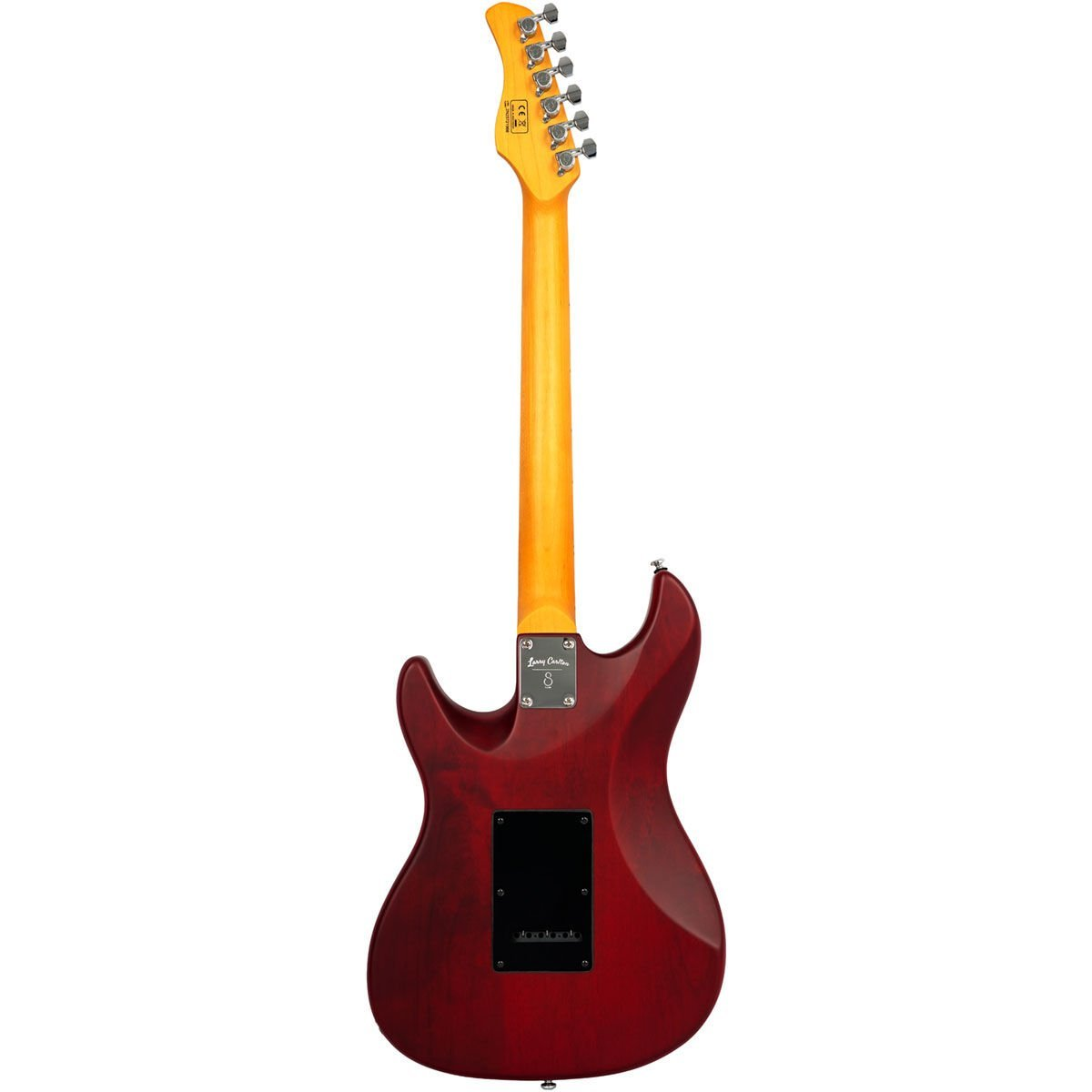 Kırmızı elektro gitar, arka görünüm, ahşap sap ve gümüş burgular.