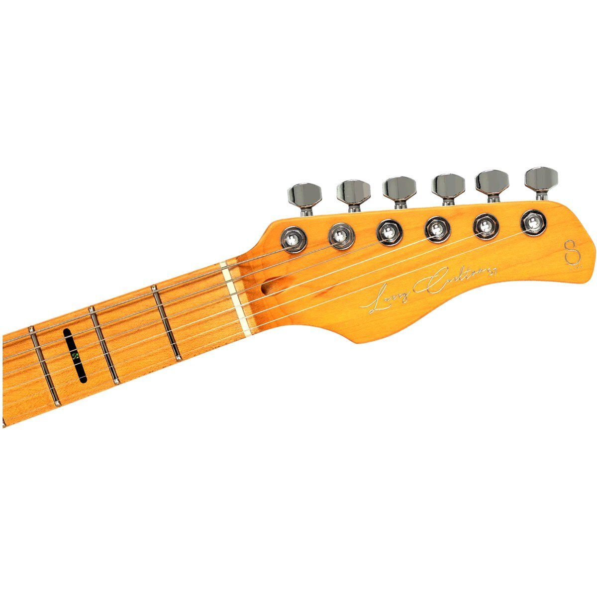 Altı akort burgusu ve teli olan bir elektro gitarın sapı.