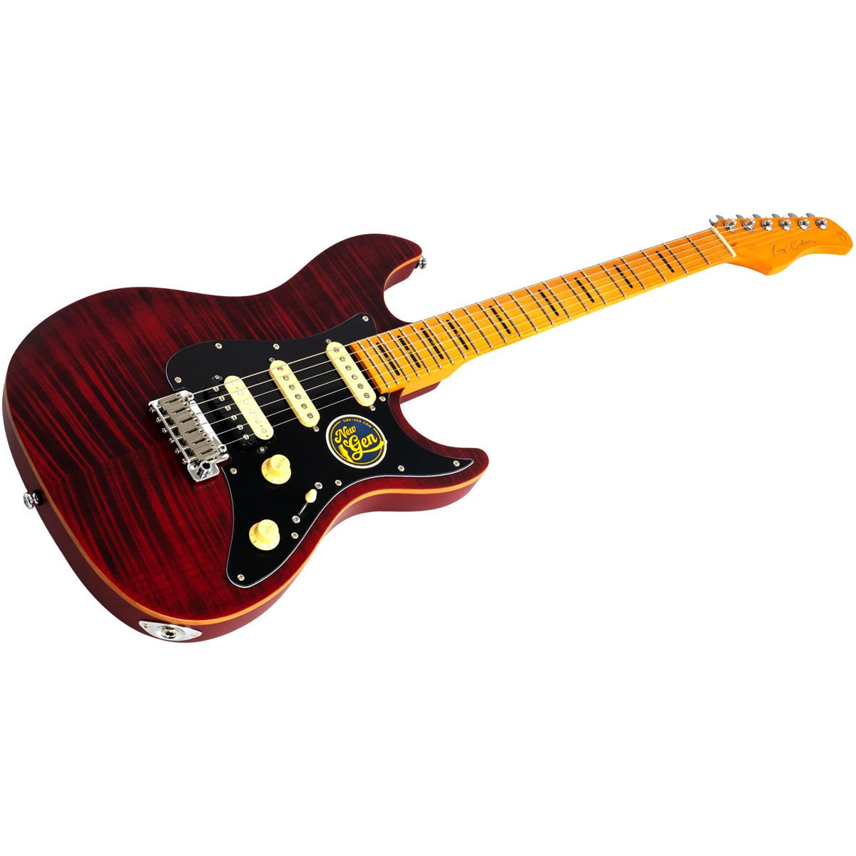 Siyah pena koruyuculu, krom donanımlı, akçaağaç klavyeli kırmızı elektro gitar.